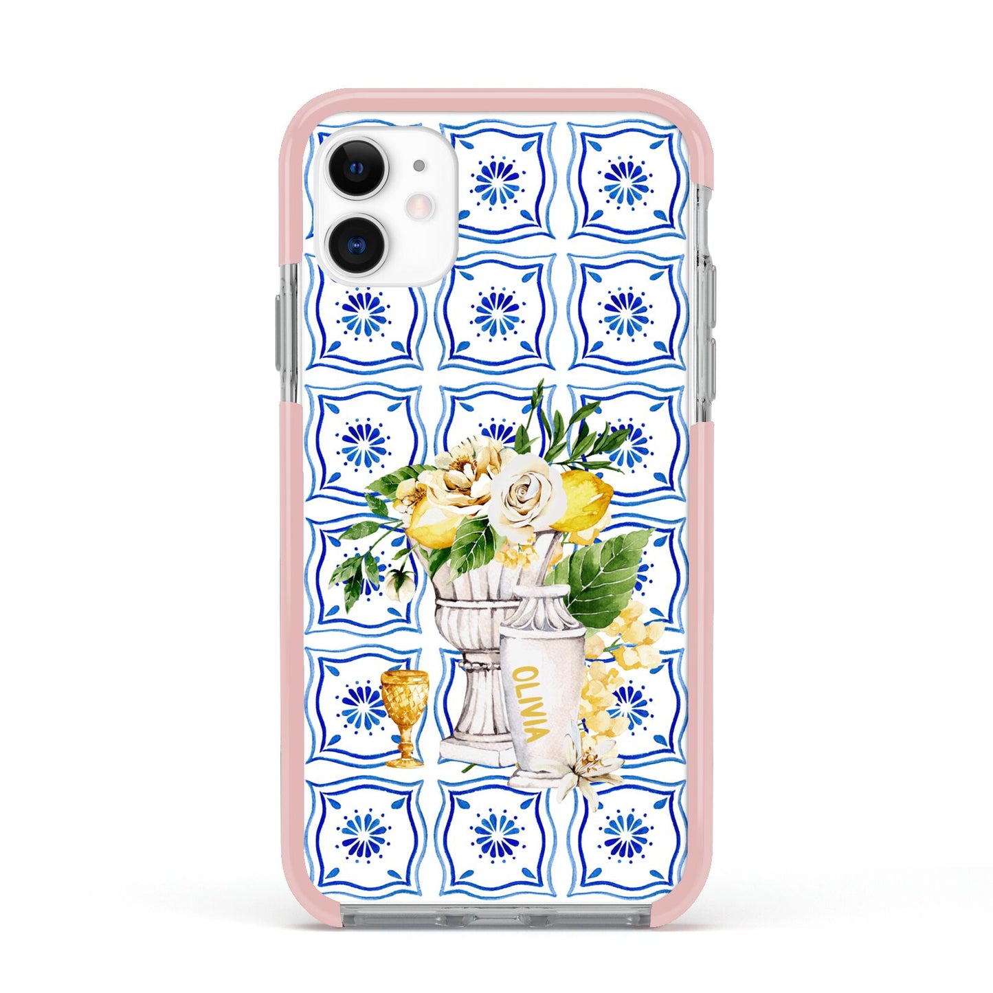 Personalised Greek Tiles Apple iPhone 11 in White with Pink Impact Case
