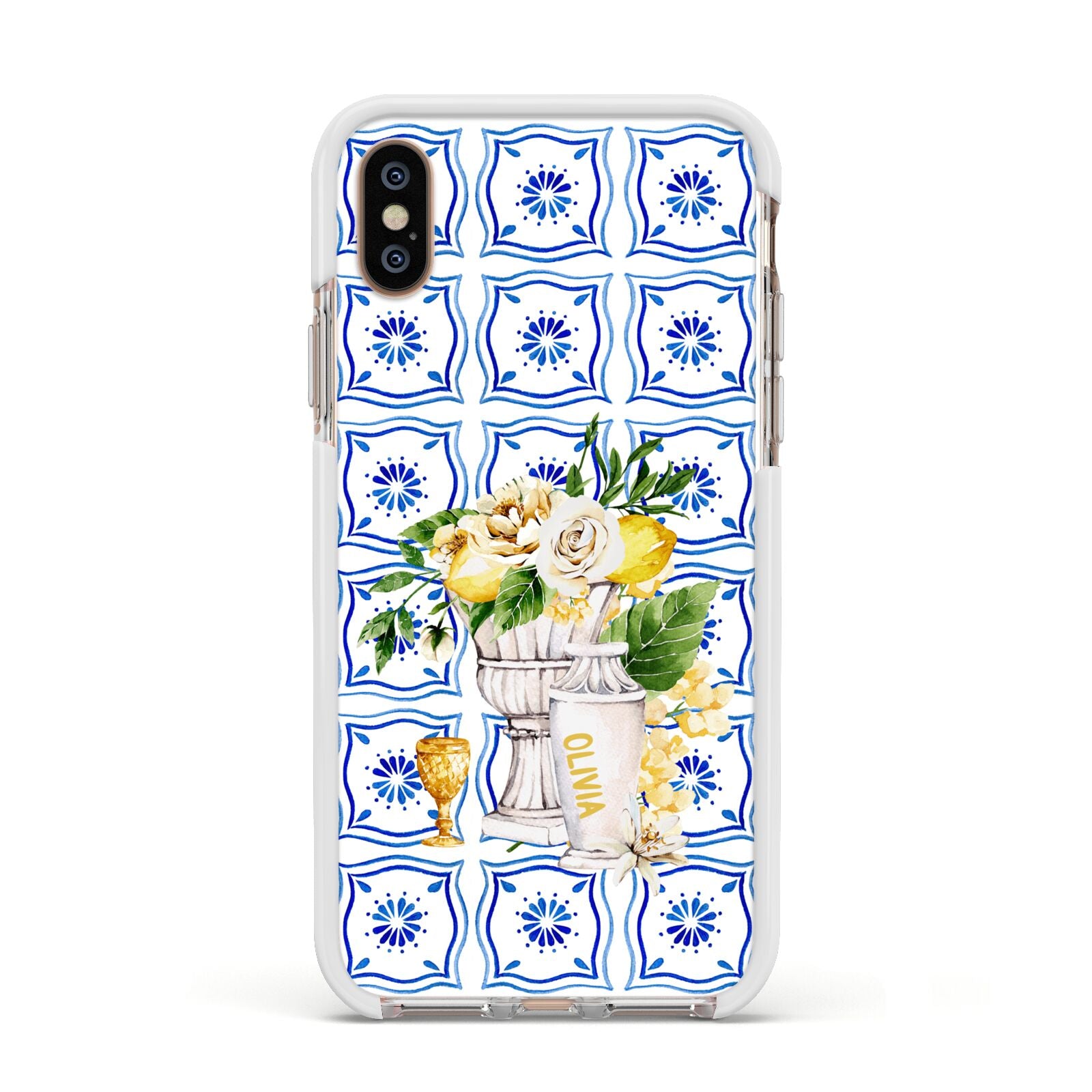 Personalised Greek Tiles Apple iPhone Xs Impact Case White Edge on Gold Phone