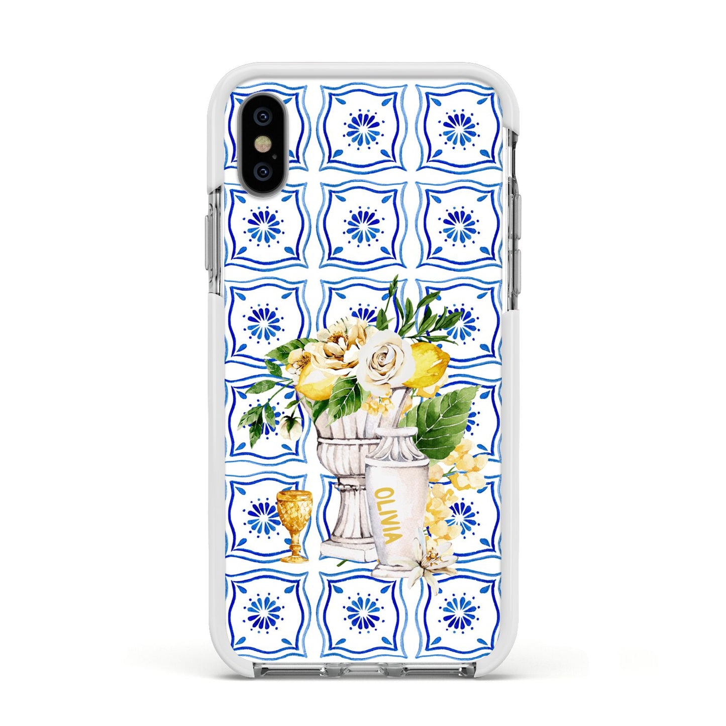 Personalised Greek Tiles Apple iPhone Xs Impact Case White Edge on Silver Phone
