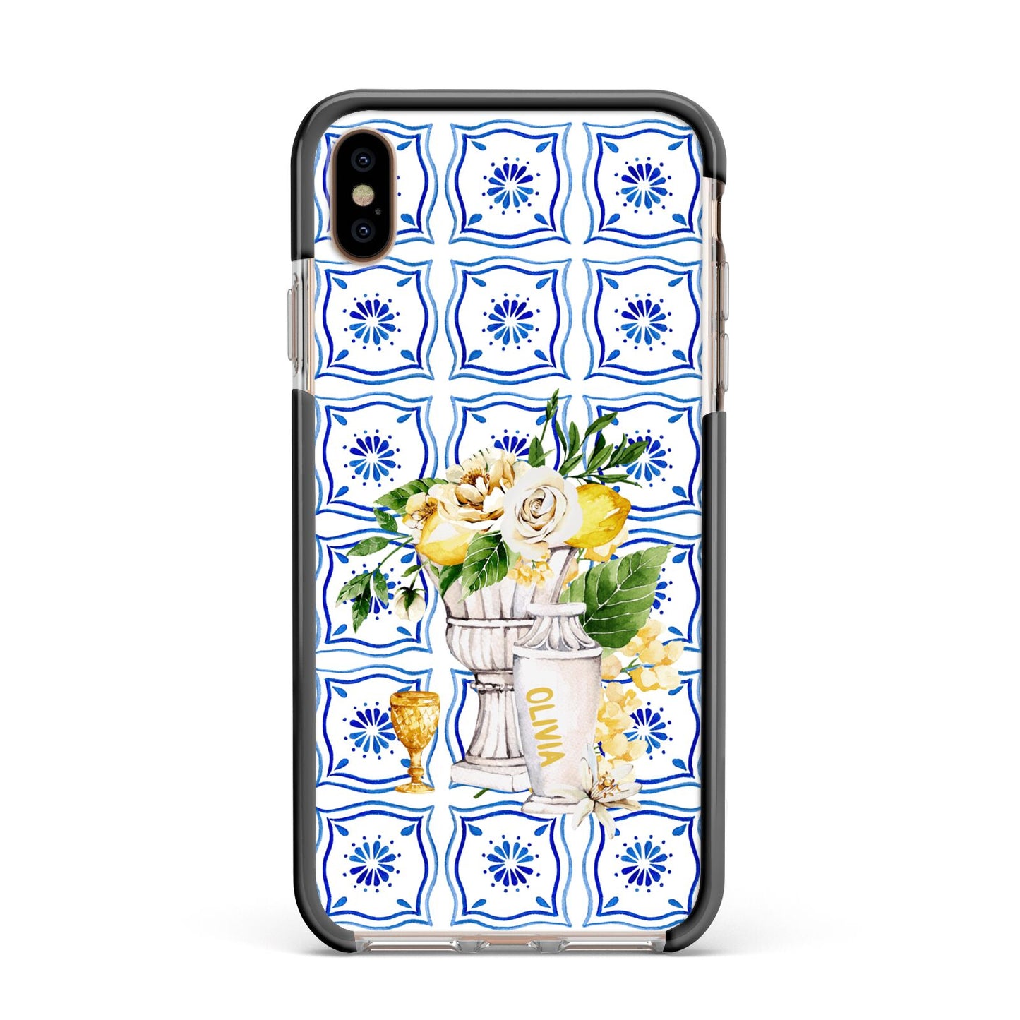 Personalised Greek Tiles Apple iPhone Xs Max Impact Case Black Edge on Gold Phone