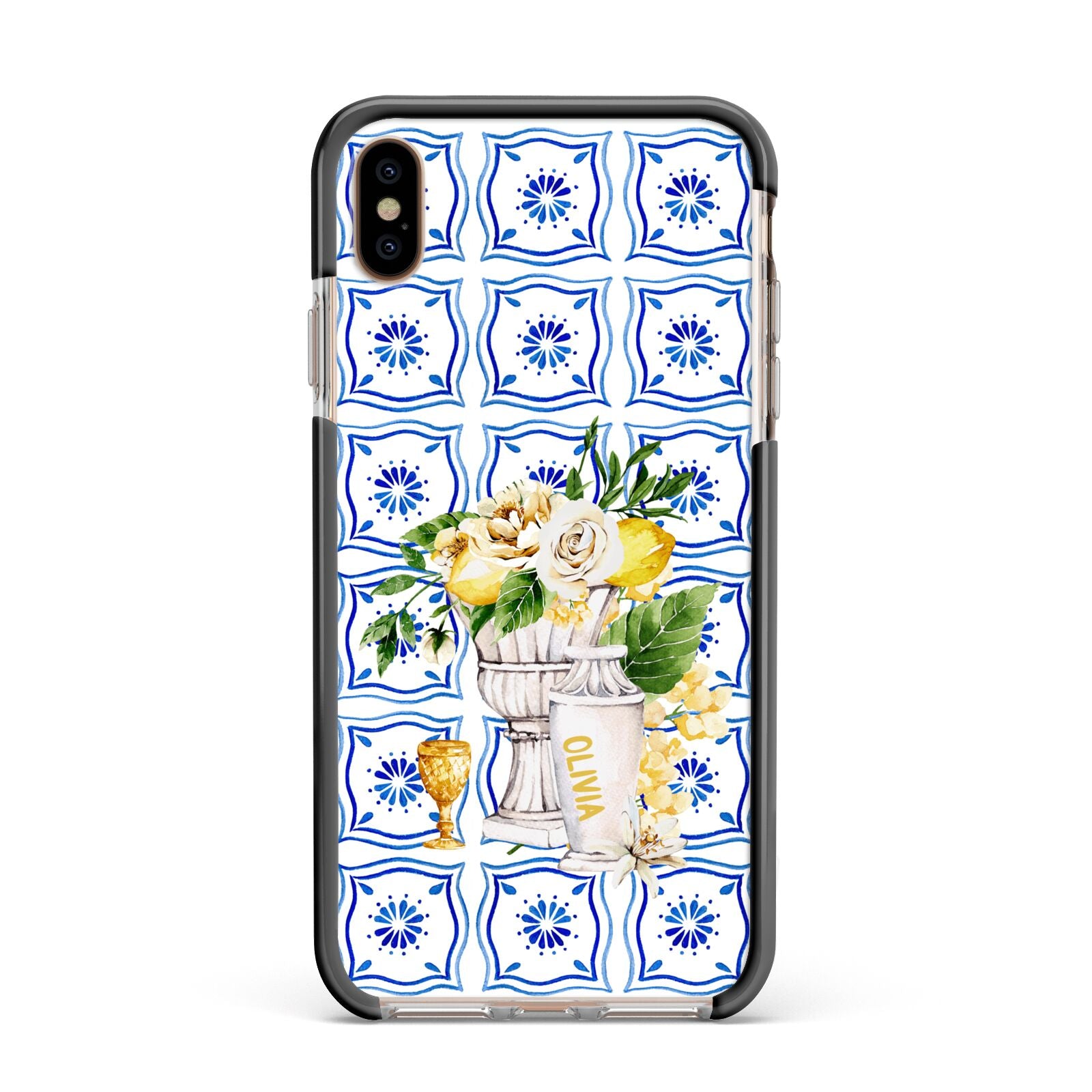 Personalised Greek Tiles Apple iPhone Xs Max Impact Case Black Edge on Gold Phone