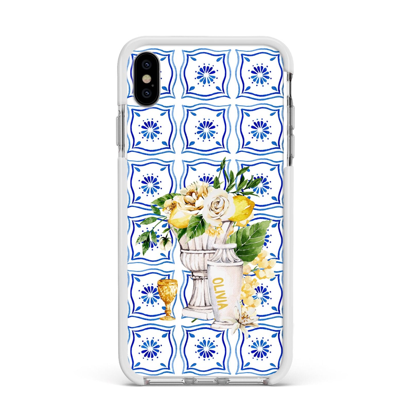 Personalised Greek Tiles Apple iPhone Xs Max Impact Case White Edge on Silver Phone