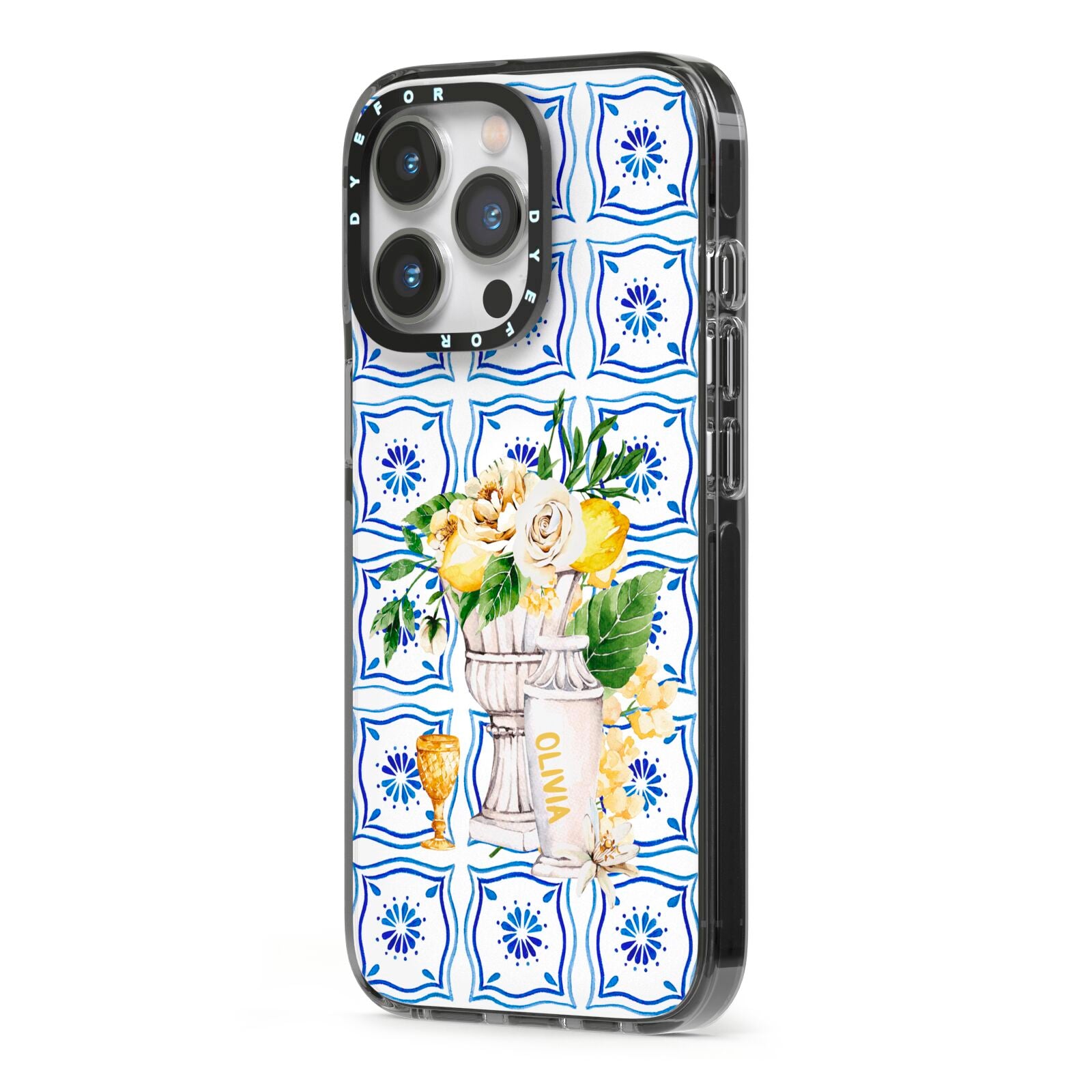 Personalised Greek Tiles iPhone 13 Pro Black Impact Case Side Angle on Silver phone