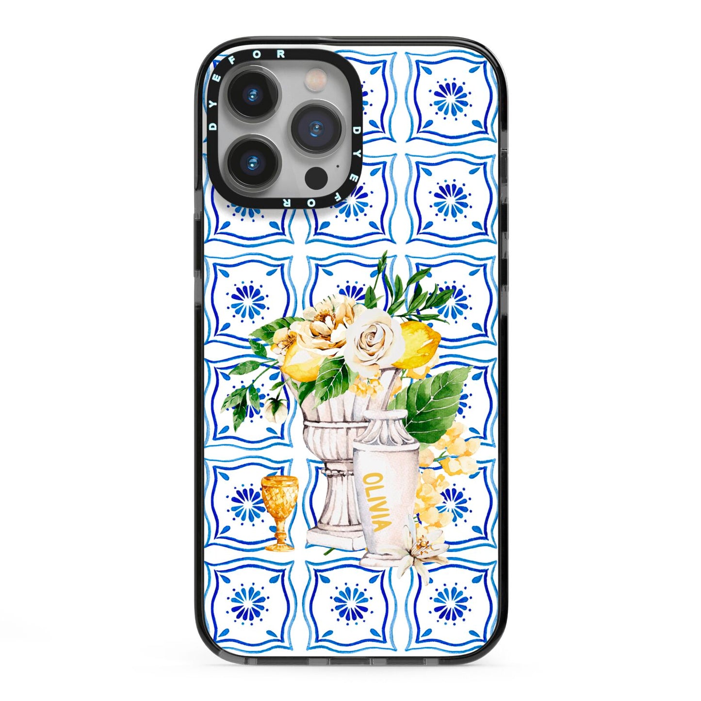 Personalised Greek Tiles iPhone 13 Pro Max Black Impact Case on Silver phone