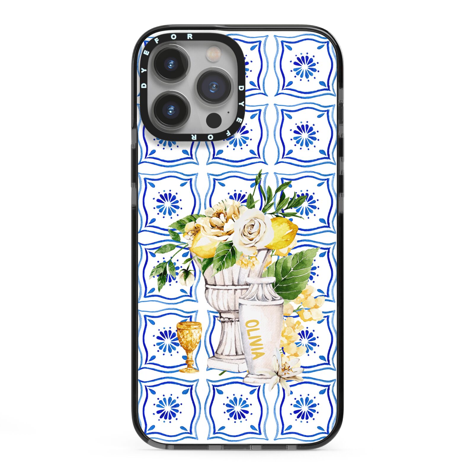 Personalised Greek Tiles iPhone 13 Pro Max Black Impact Case on Silver phone