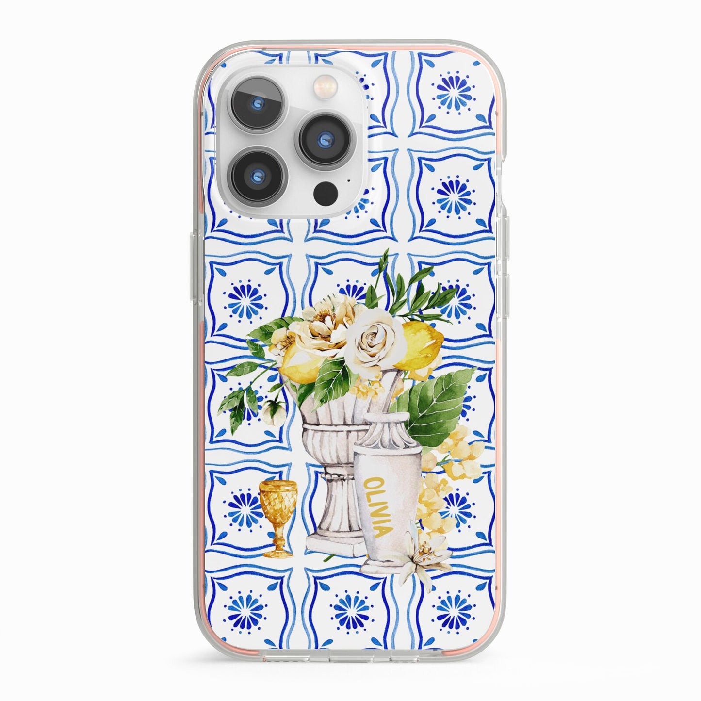 Personalised Greek Tiles iPhone 13 Pro TPU Impact Case with Pink Edges