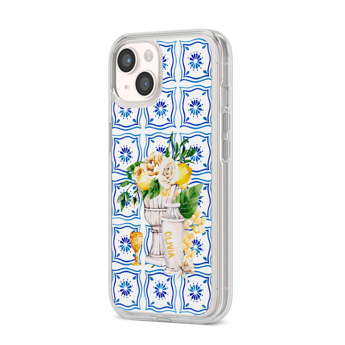 Personalised Greek Tiles iPhone 14 Clear Tough Case Starlight Angled Image