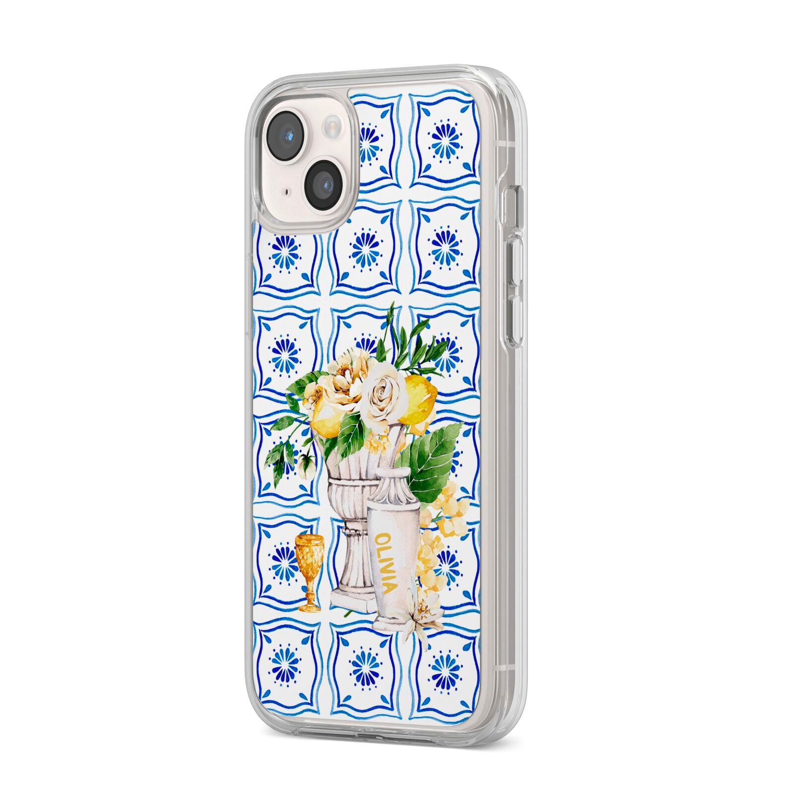 Personalised Greek Tiles iPhone 14 Plus Clear Tough Case Starlight Angled Image