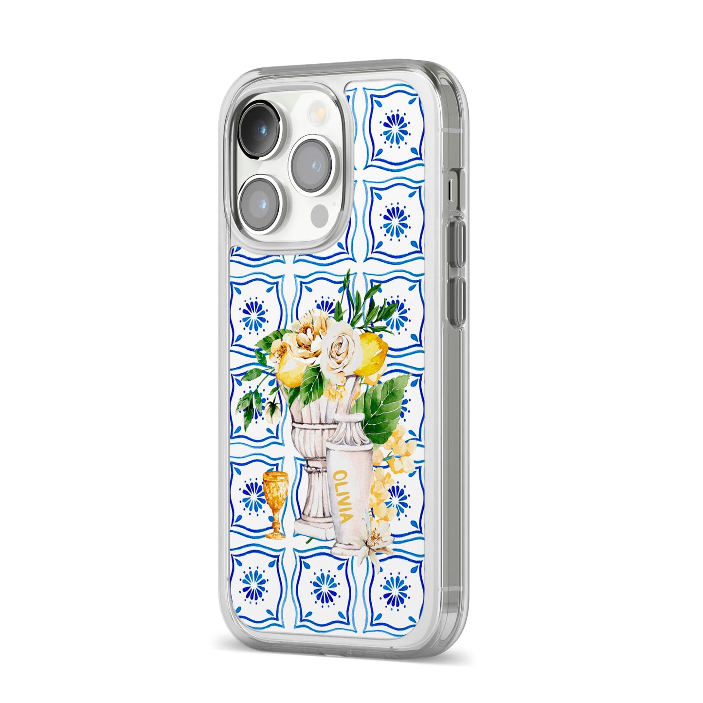 Personalised Greek Tiles iPhone 14 Pro Clear Tough Case Silver Angled Image
