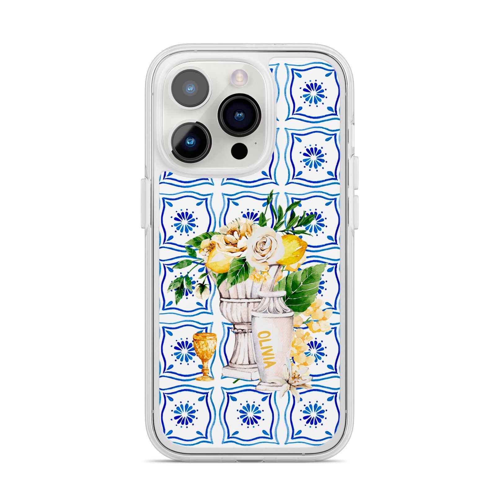 Personalised Greek Tiles iPhone 14 Pro Clear Tough Case Silver
