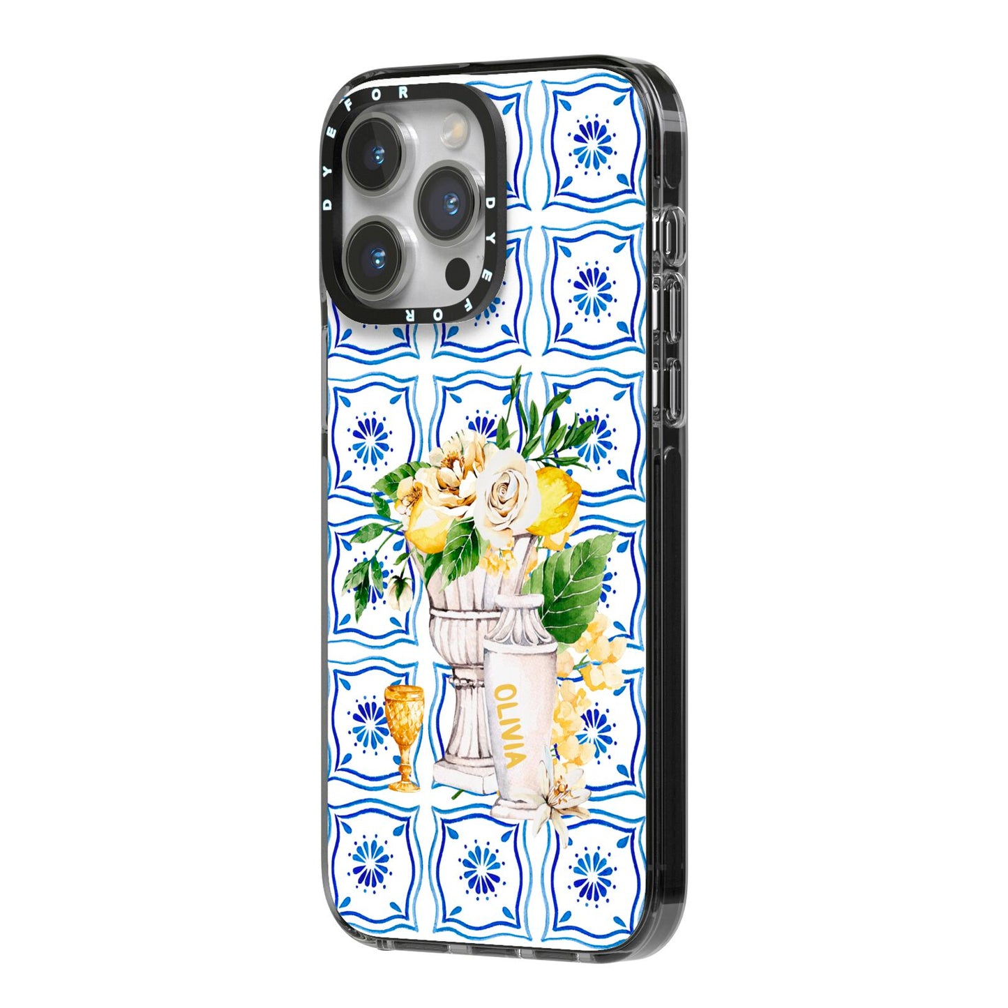 Personalised Greek Tiles iPhone 14 Pro Max Black Impact Case Side Angle on Silver phone