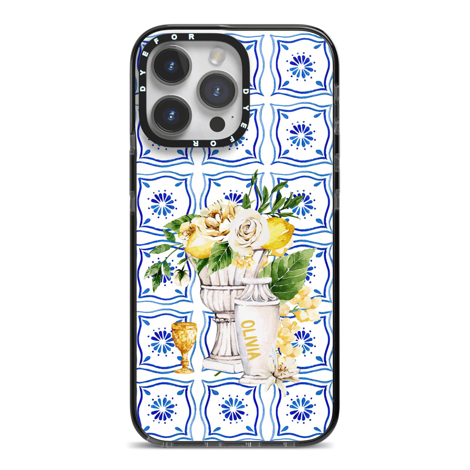 Personalised Greek Tiles iPhone 14 Pro Max Black Impact Case on Silver phone