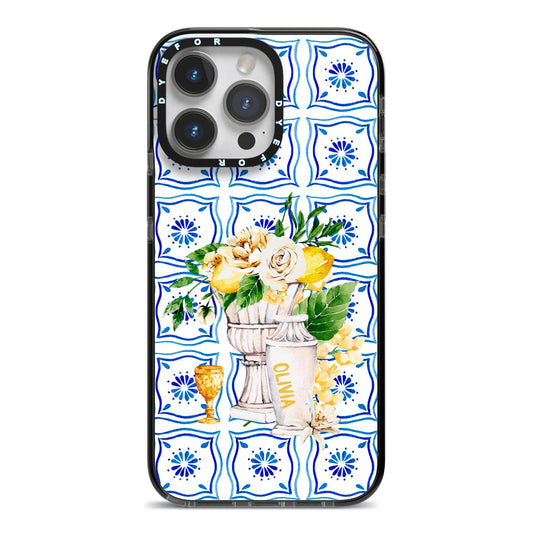 Personalised Greek Tiles iPhone 14 Pro Max Black Impact Case on Silver phone