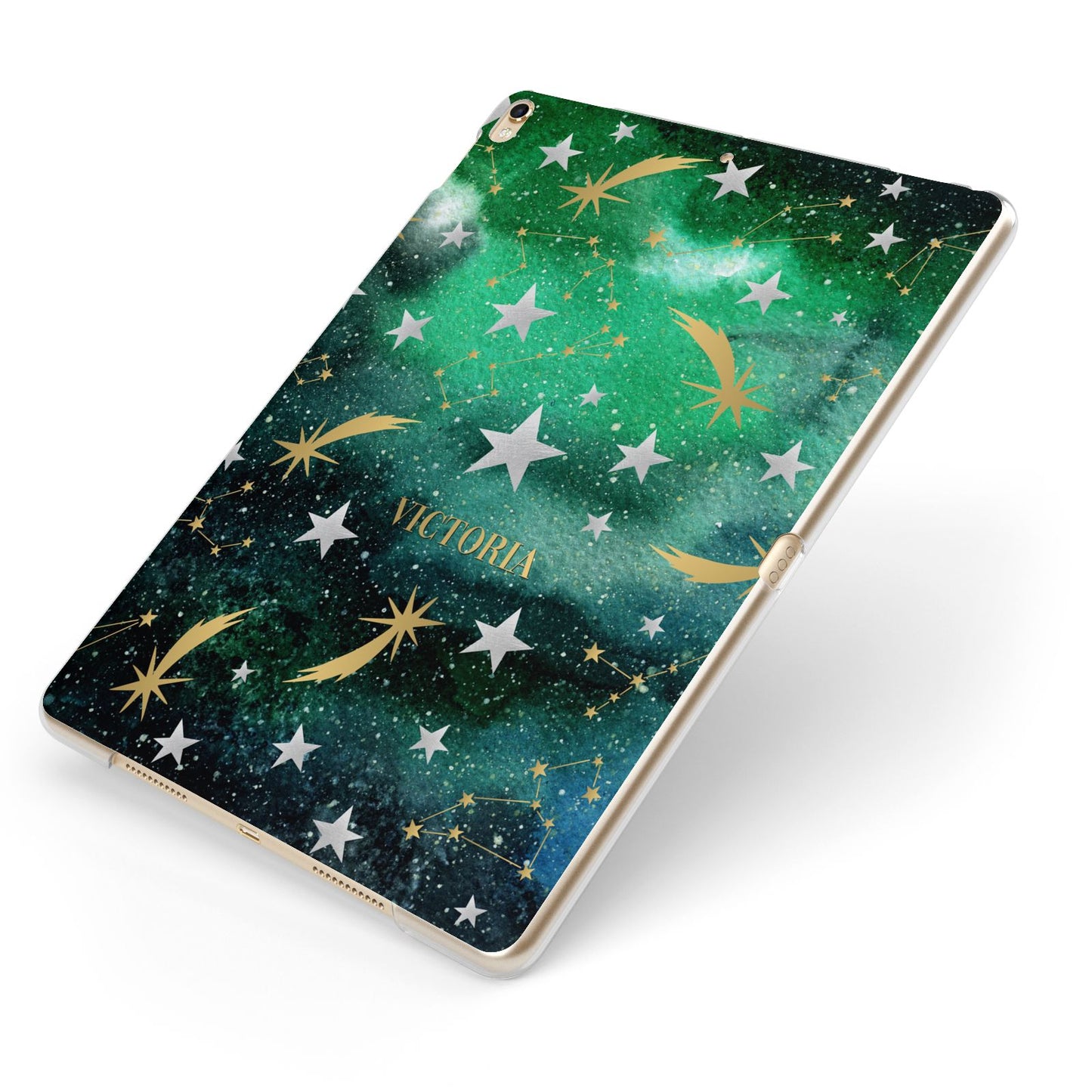 Personalised Green Cloud Stars Apple iPad Case on Gold iPad Side View