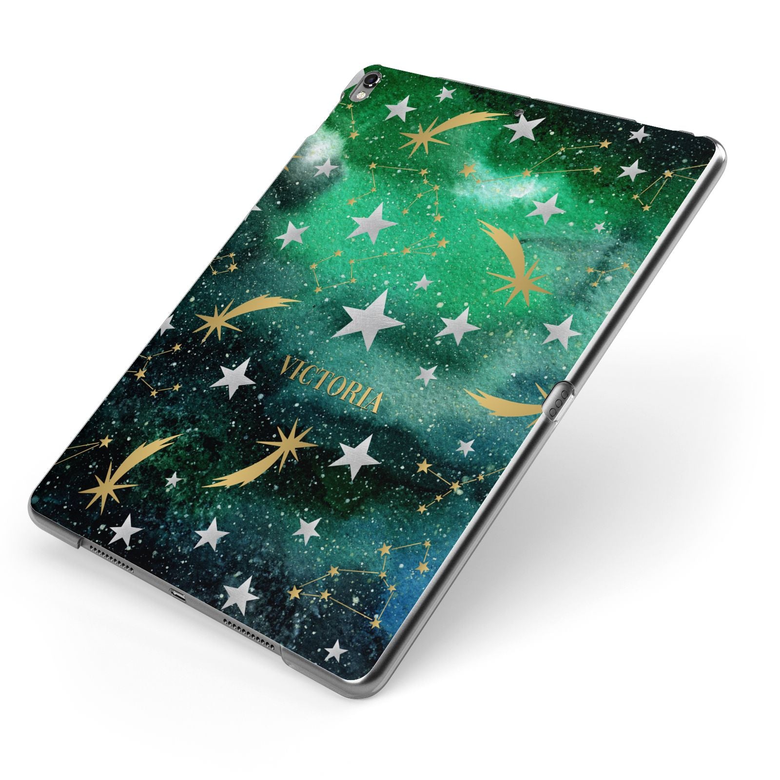 Personalised Green Cloud Stars Apple iPad Case on Grey iPad Side View