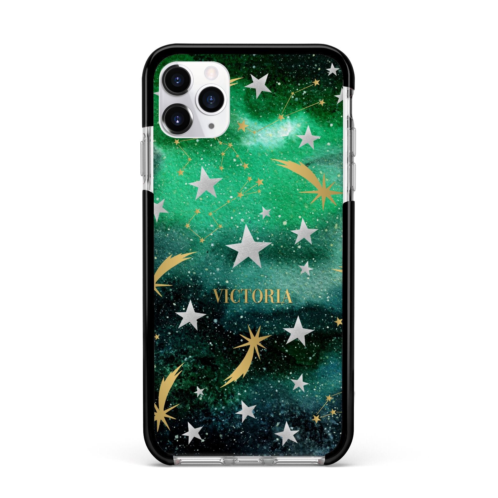 Personalised Green Cloud Stars Apple iPhone 11 Pro Max in Silver with Black Impact Case