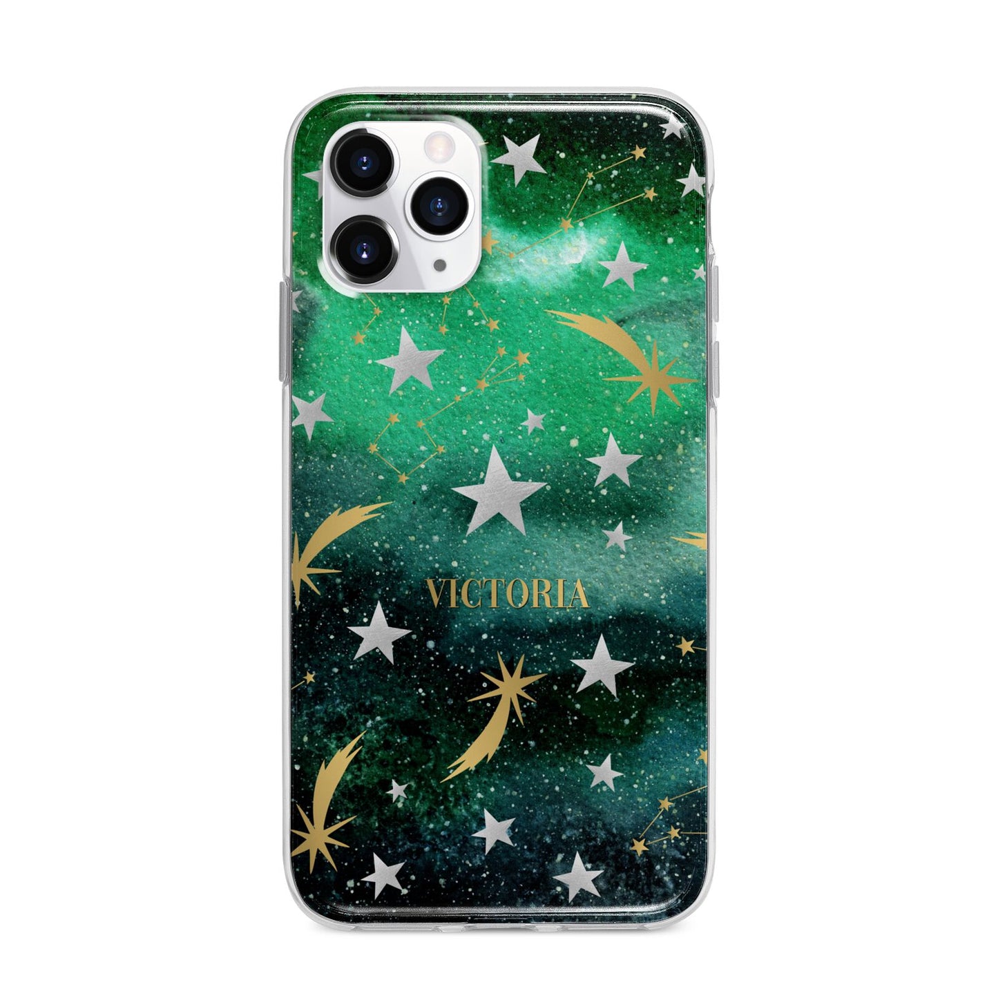 Personalised Green Cloud Stars Apple iPhone 11 Pro Max in Silver with Bumper Case