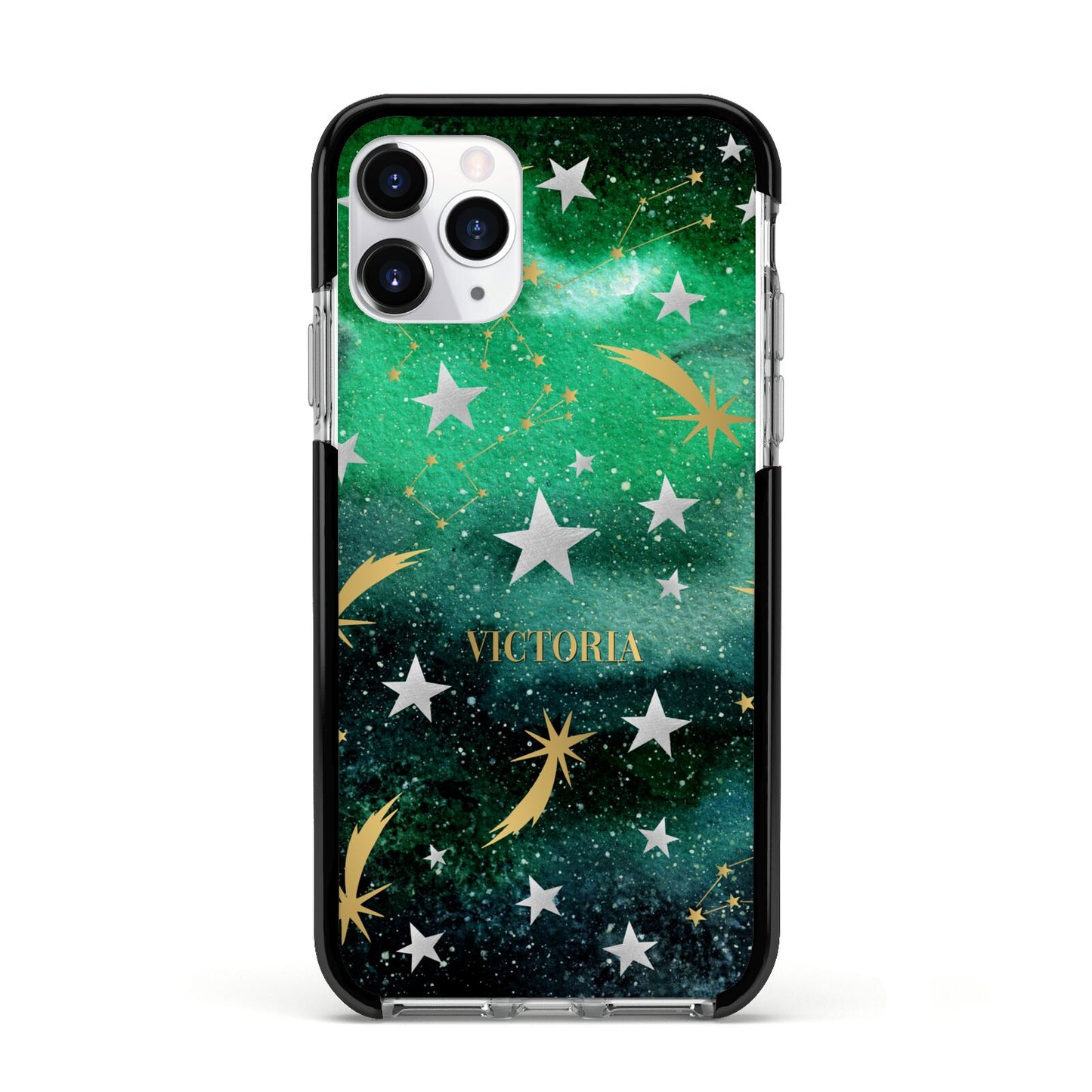 Personalised Green Cloud Stars Apple iPhone 11 Pro in Silver with Black Impact Case