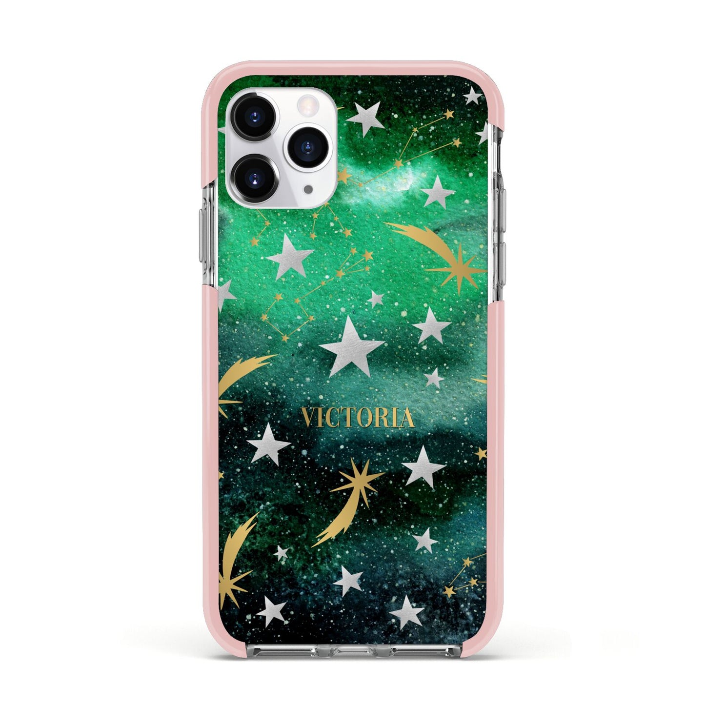 Personalised Green Cloud Stars Apple iPhone 11 Pro in Silver with Pink Impact Case