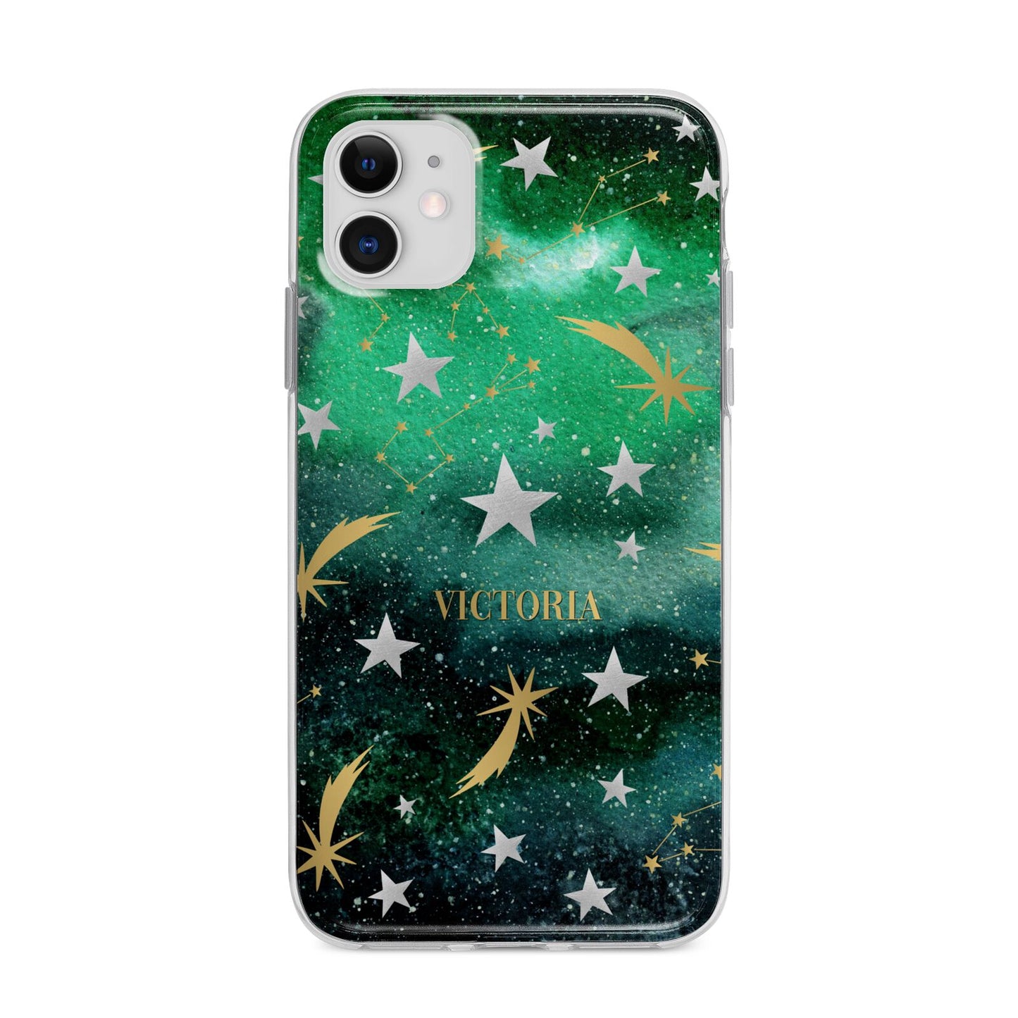 Personalised Green Cloud Stars Apple iPhone 11 in White with Bumper Case