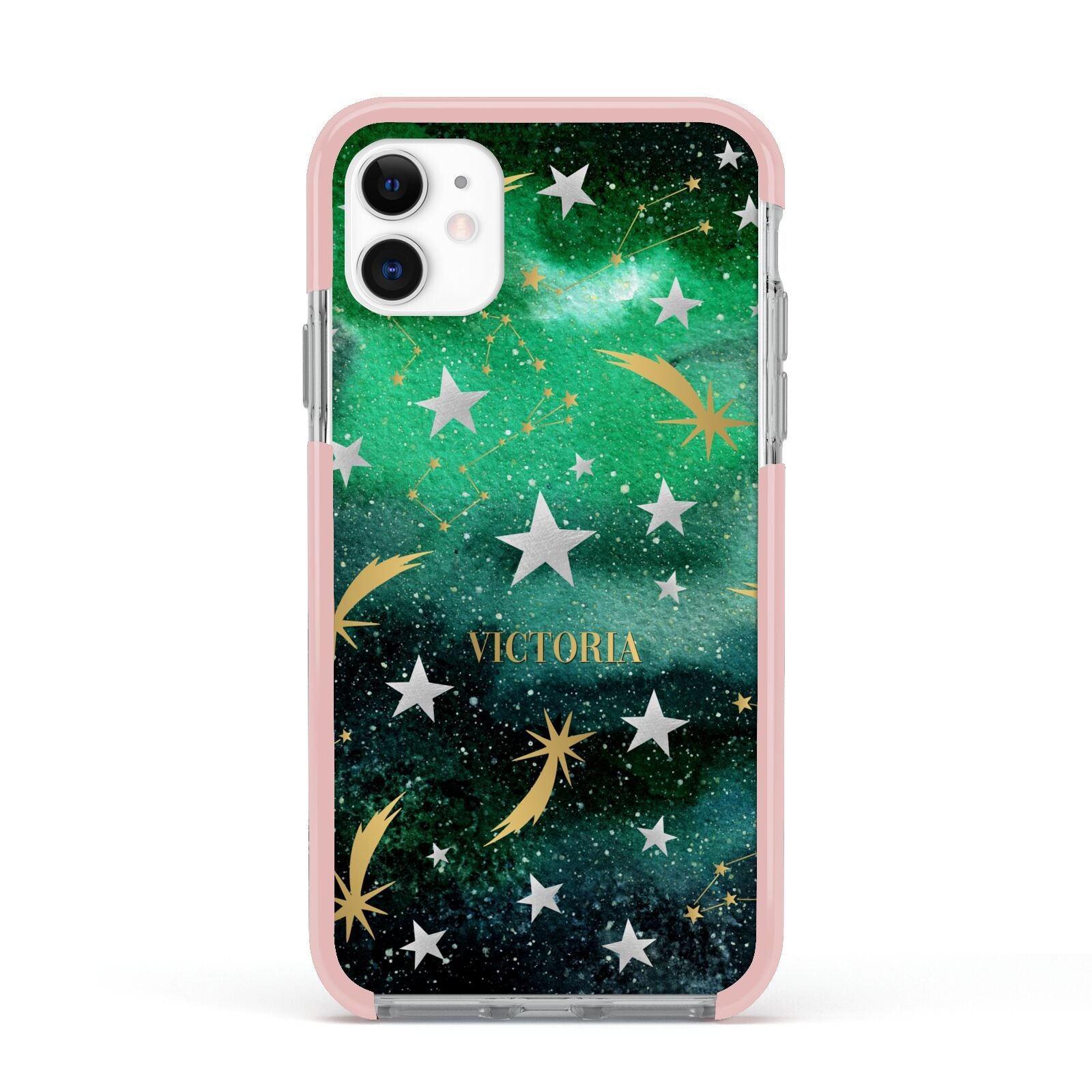 Personalised Green Cloud Stars Apple iPhone 11 in White with Pink Impact Case