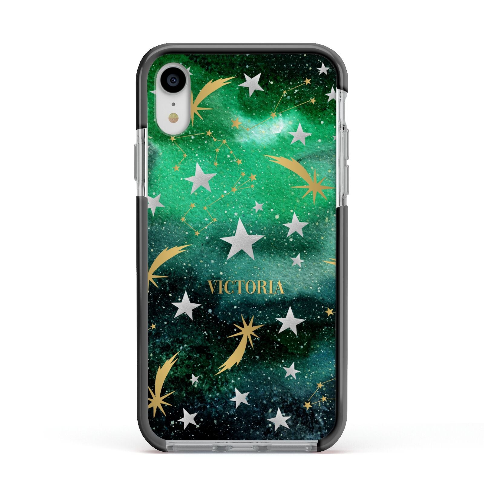 Personalised Green Cloud Stars Apple iPhone XR Impact Case Black Edge on Silver Phone