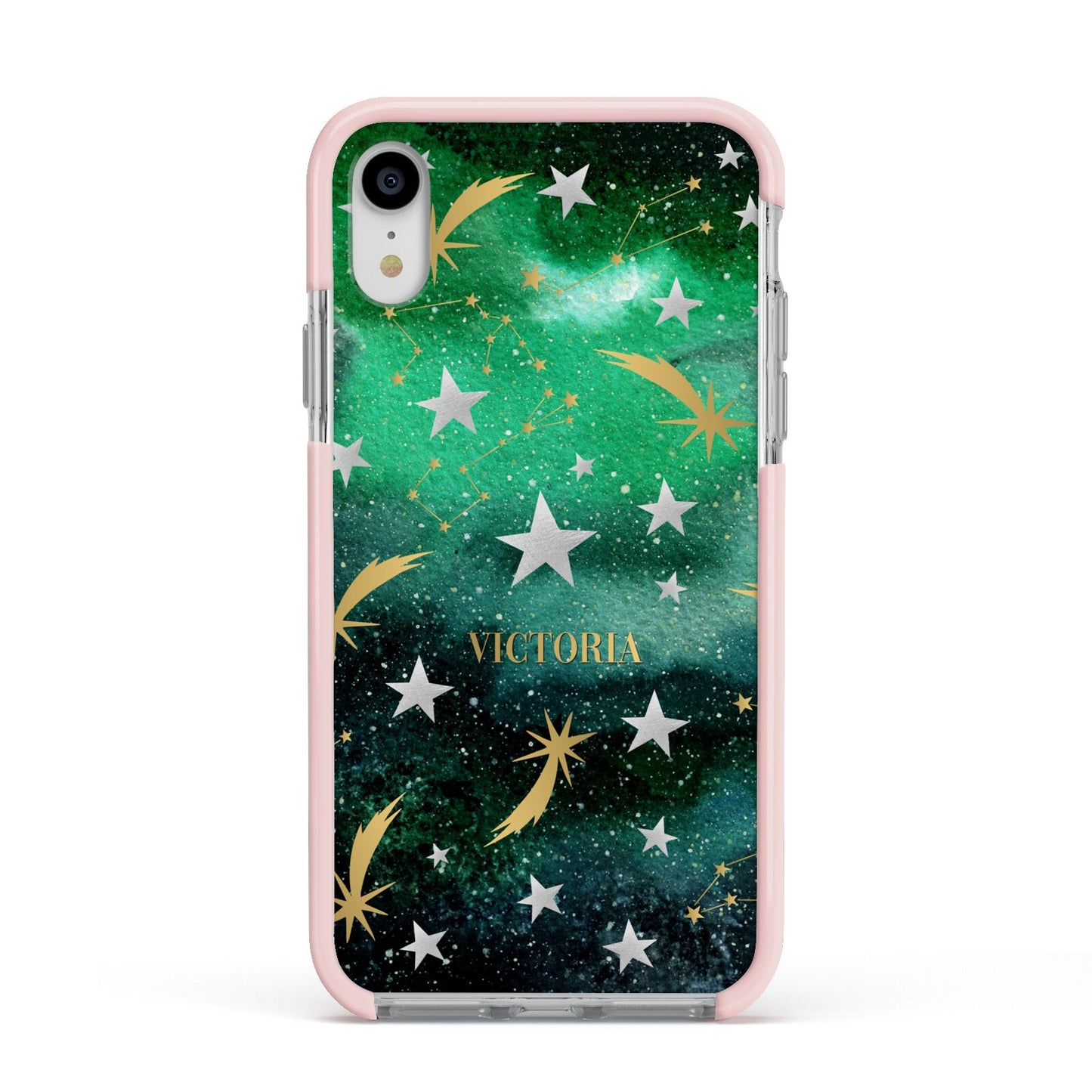 Personalised Green Cloud Stars Apple iPhone XR Impact Case Pink Edge on Silver Phone