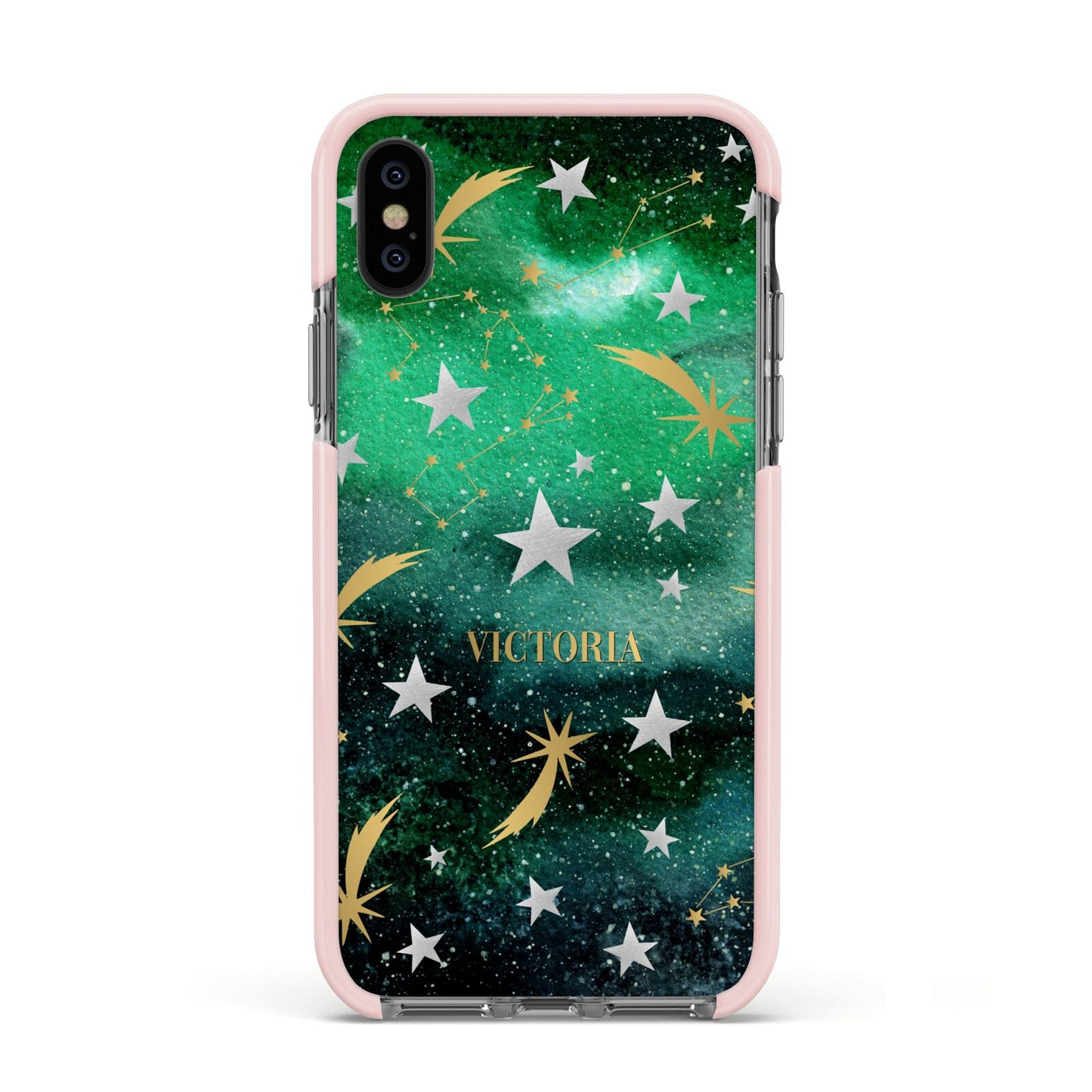 Personalised Green Cloud Stars Apple iPhone Xs Impact Case Pink Edge on Black Phone