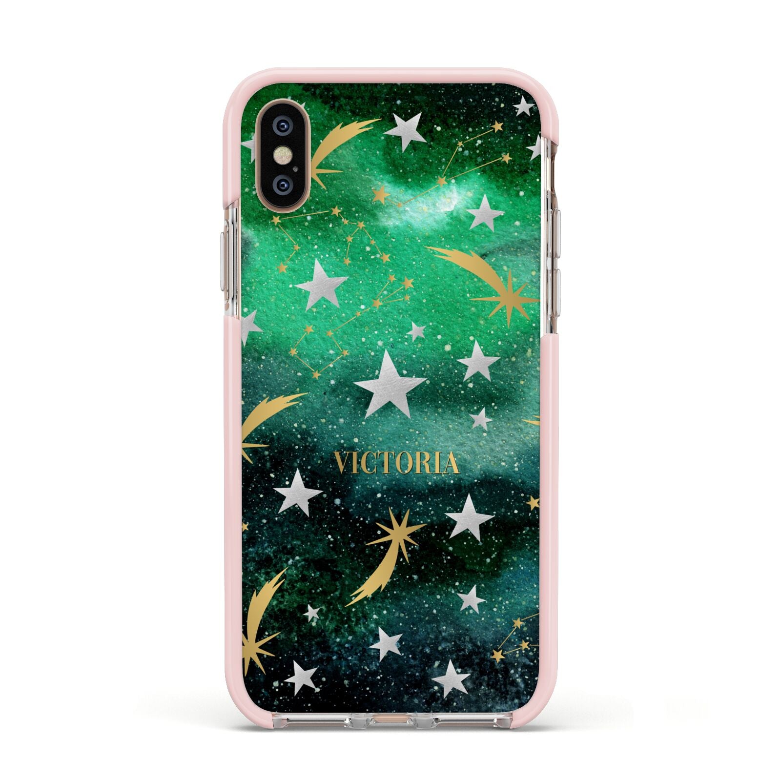 Personalised Green Cloud Stars Apple iPhone Xs Impact Case Pink Edge on Gold Phone