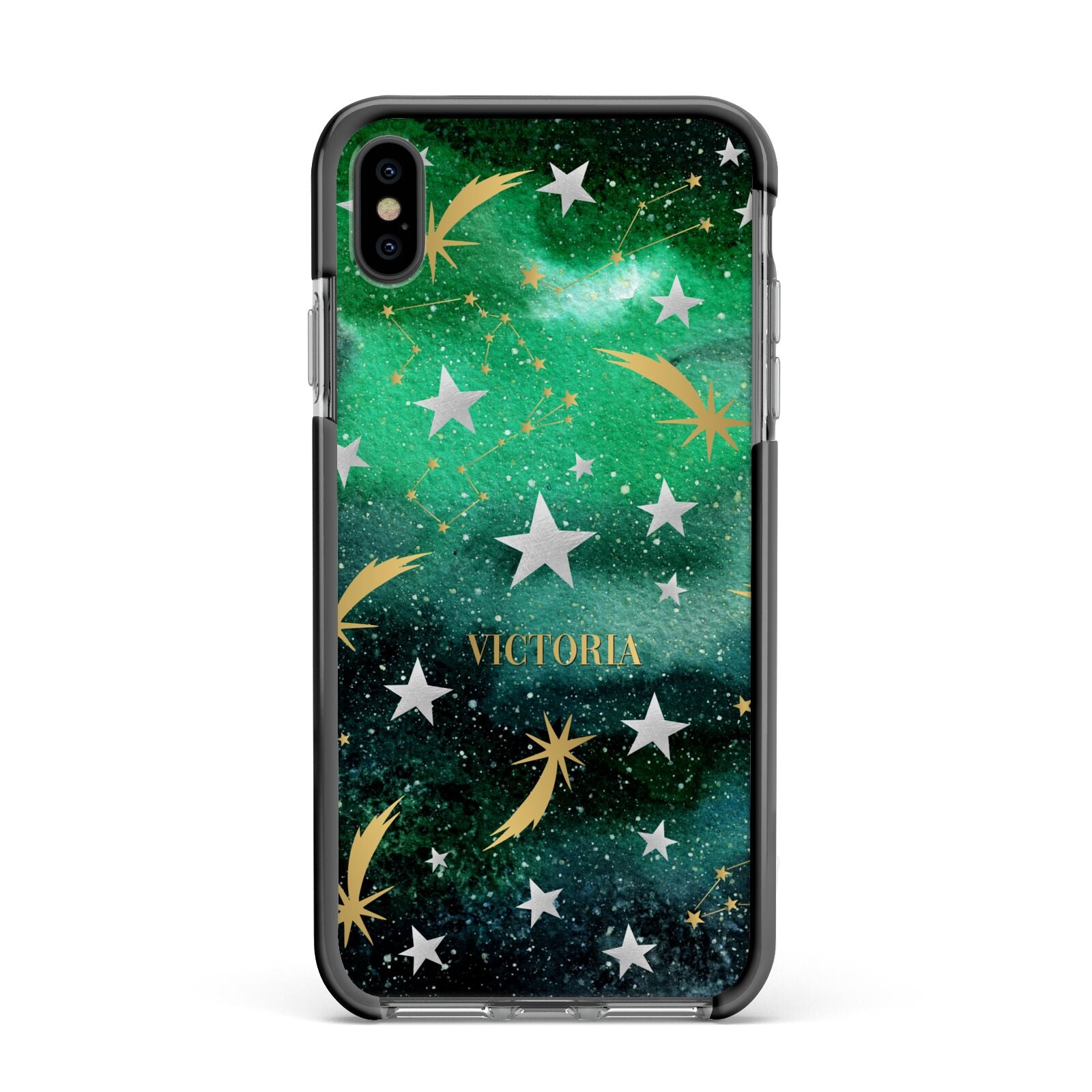 Personalised Green Cloud Stars Apple iPhone Xs Max Impact Case Black Edge on Black Phone