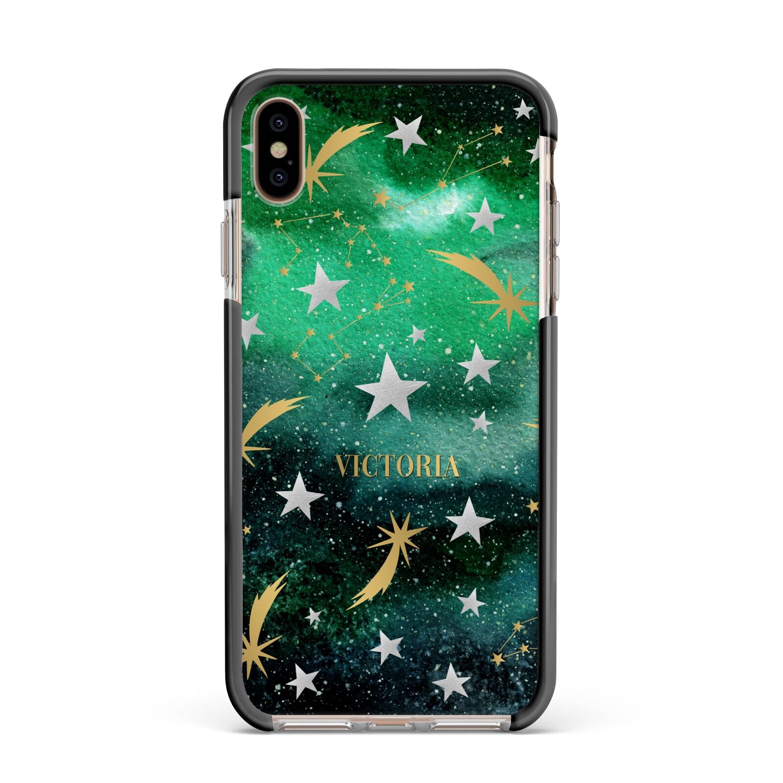 Personalised Green Cloud Stars Apple iPhone Xs Max Impact Case Black Edge on Gold Phone