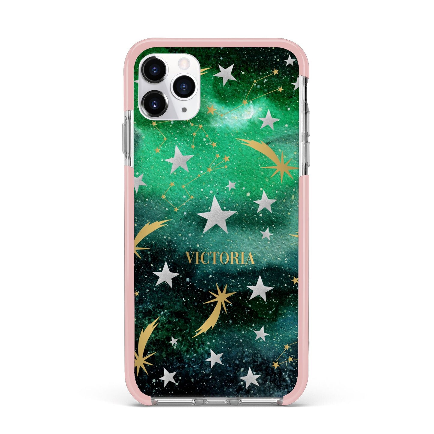 Personalised Green Cloud Stars iPhone 11 Pro Max Impact Pink Edge Case