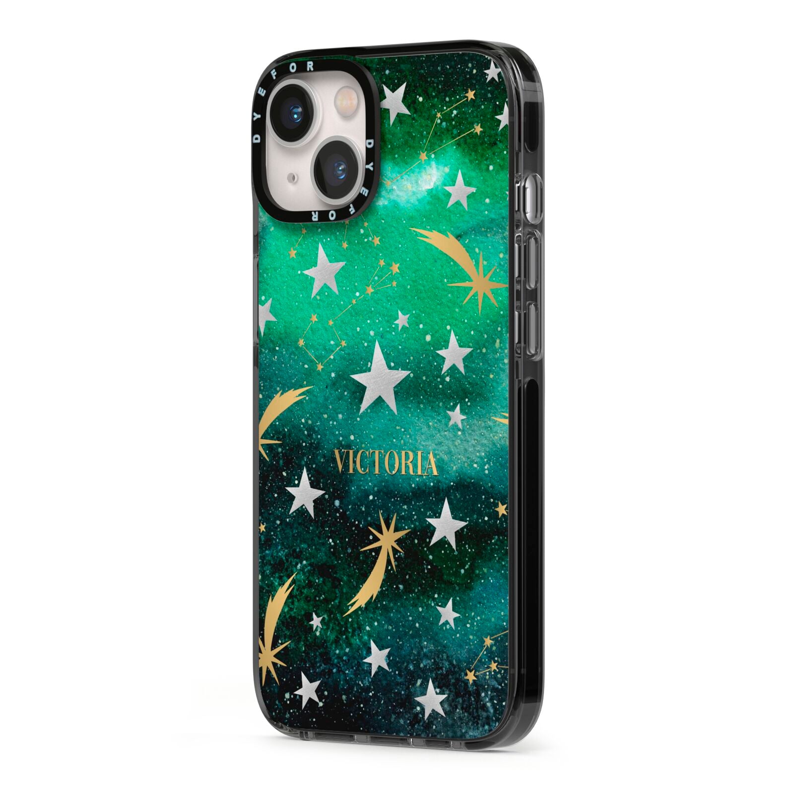 Personalised Green Cloud Stars iPhone 13 Black Impact Case Side Angle on Silver phone
