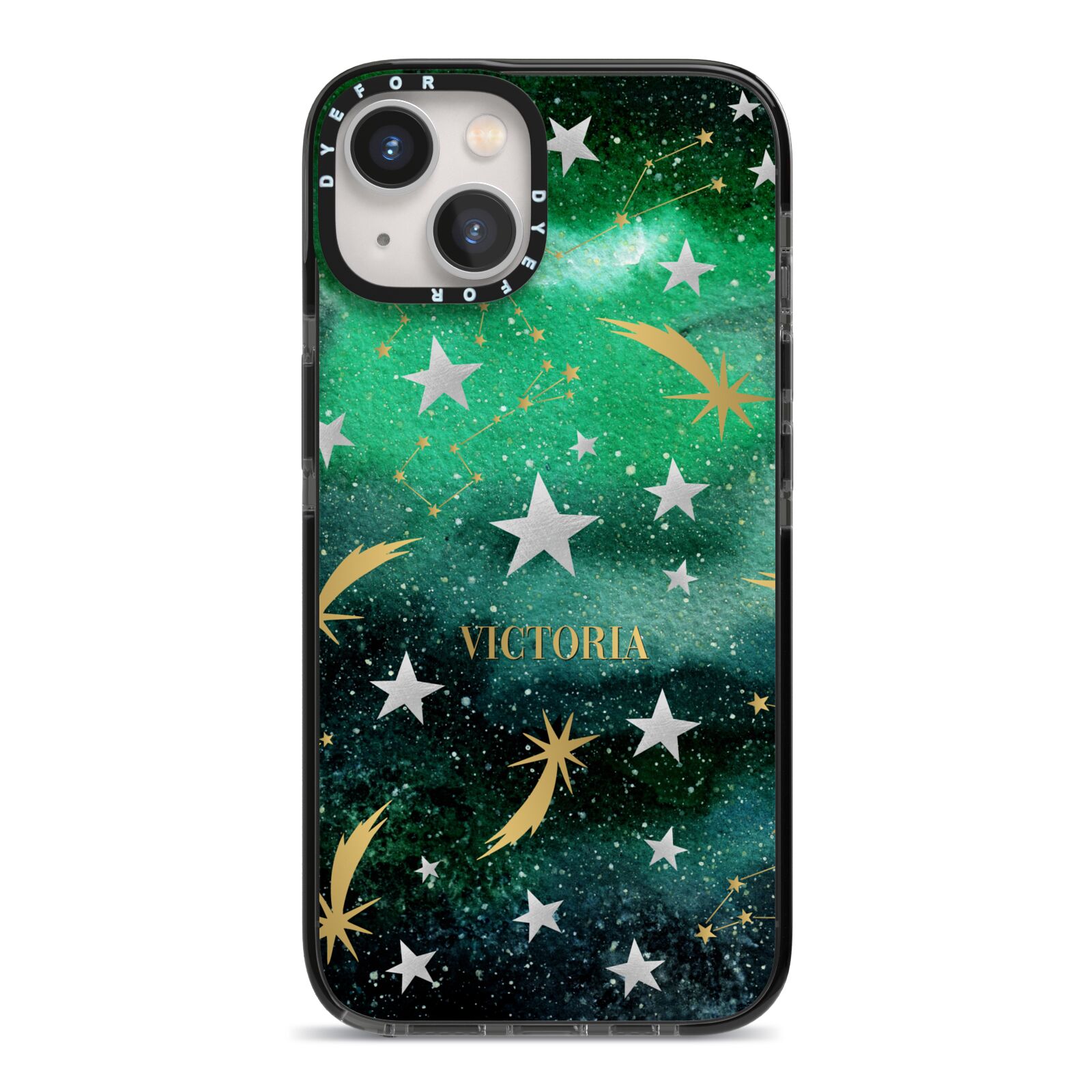 Personalised Green Cloud Stars iPhone 13 Black Impact Case on Silver phone