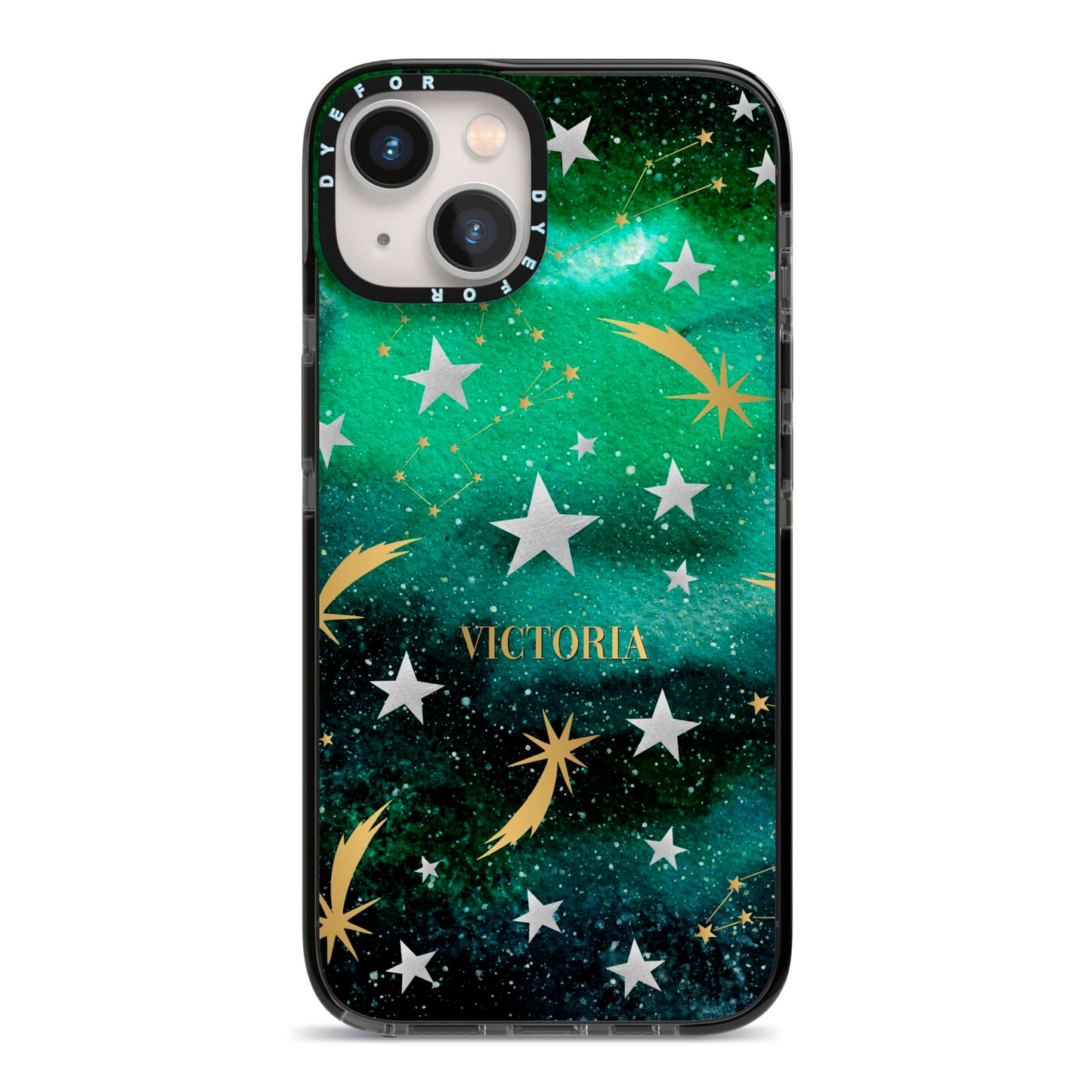 Personalised Green Cloud Stars iPhone 13 Black Impact Case on Silver phone