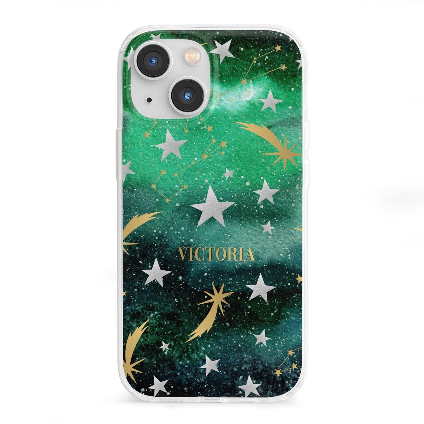 Personalised Green Cloud Stars iPhone 13 Mini Clear Bumper Case