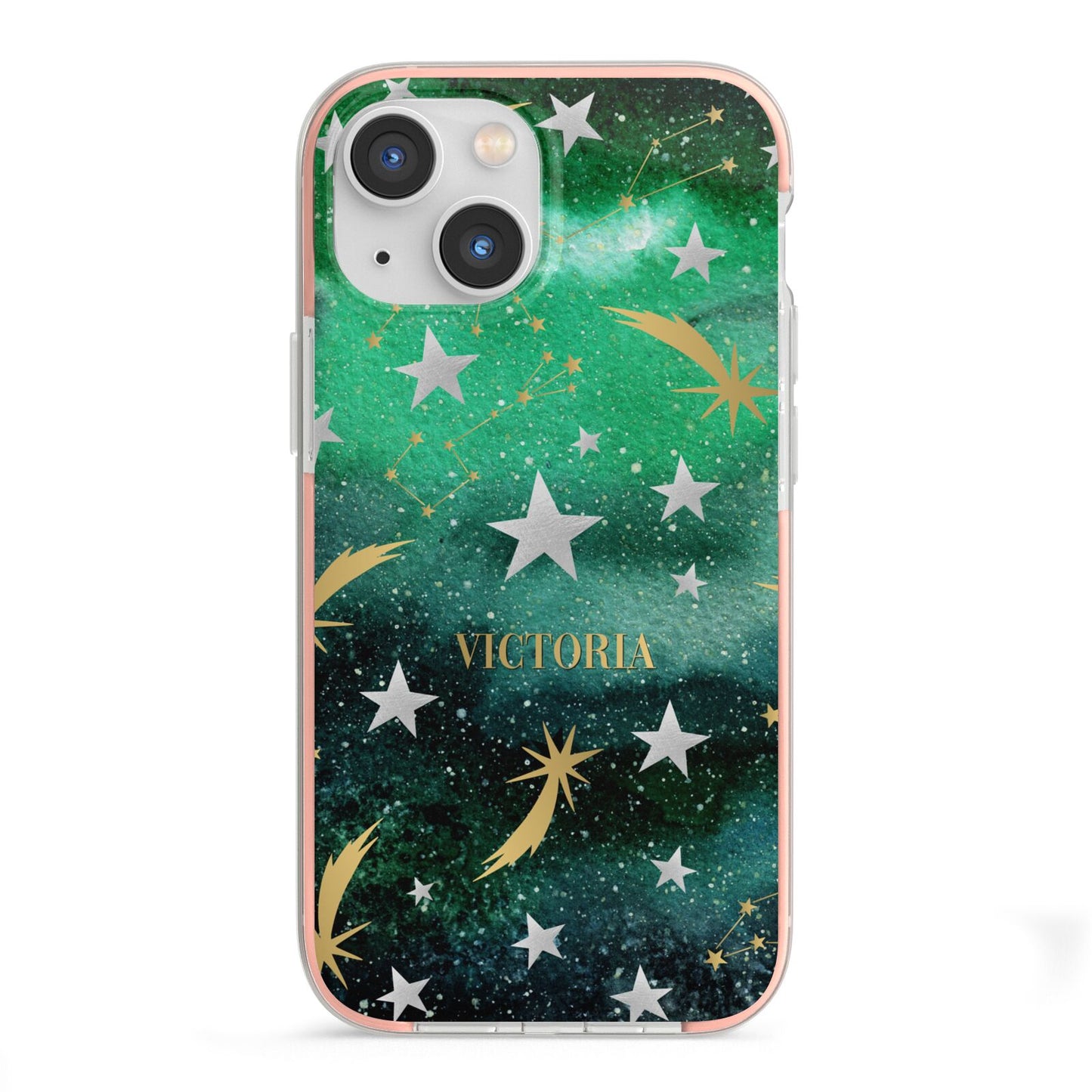 Personalised Green Cloud Stars iPhone 13 Mini TPU Impact Case with Pink Edges