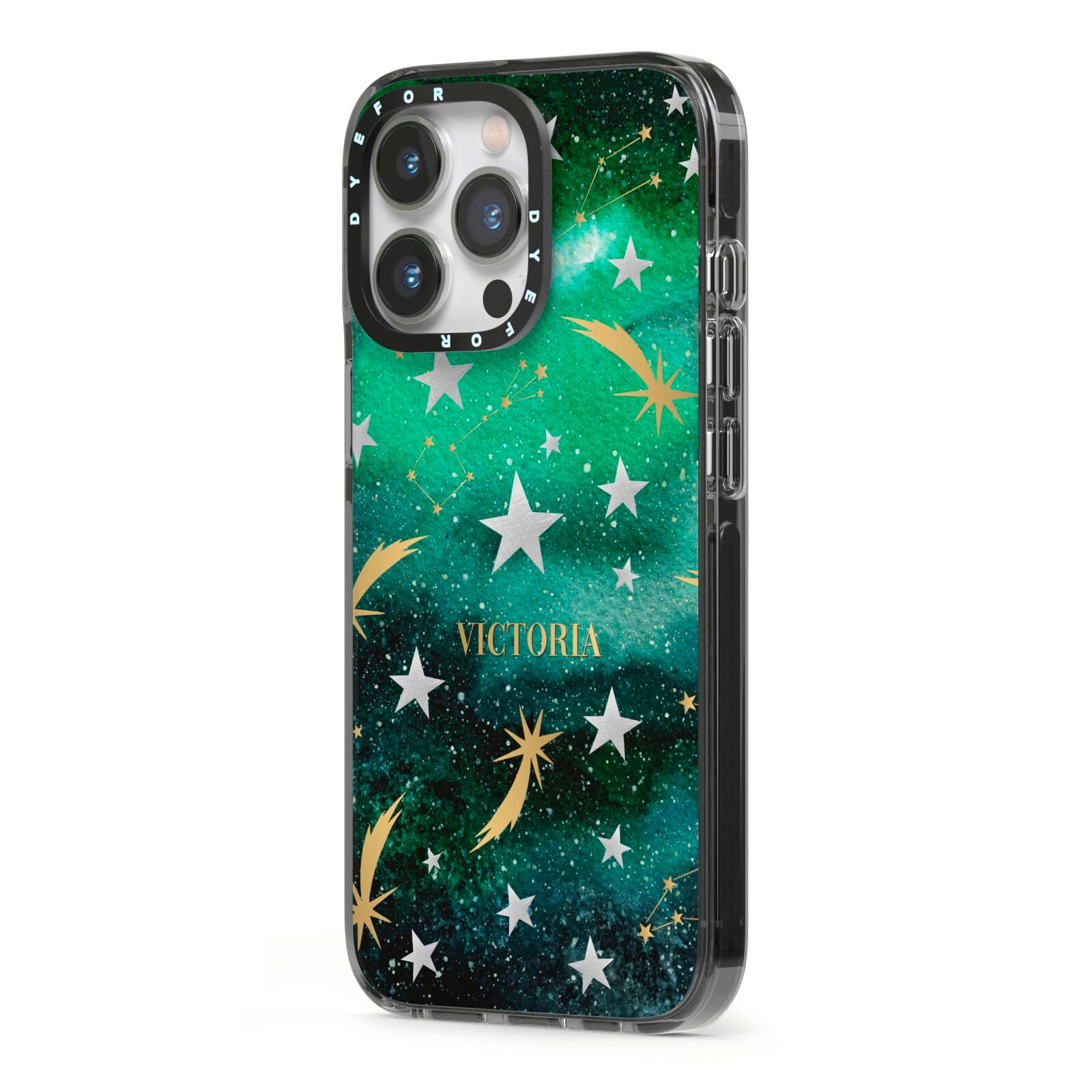 Personalised Green Cloud Stars iPhone 13 Pro Black Impact Case Side Angle on Silver phone