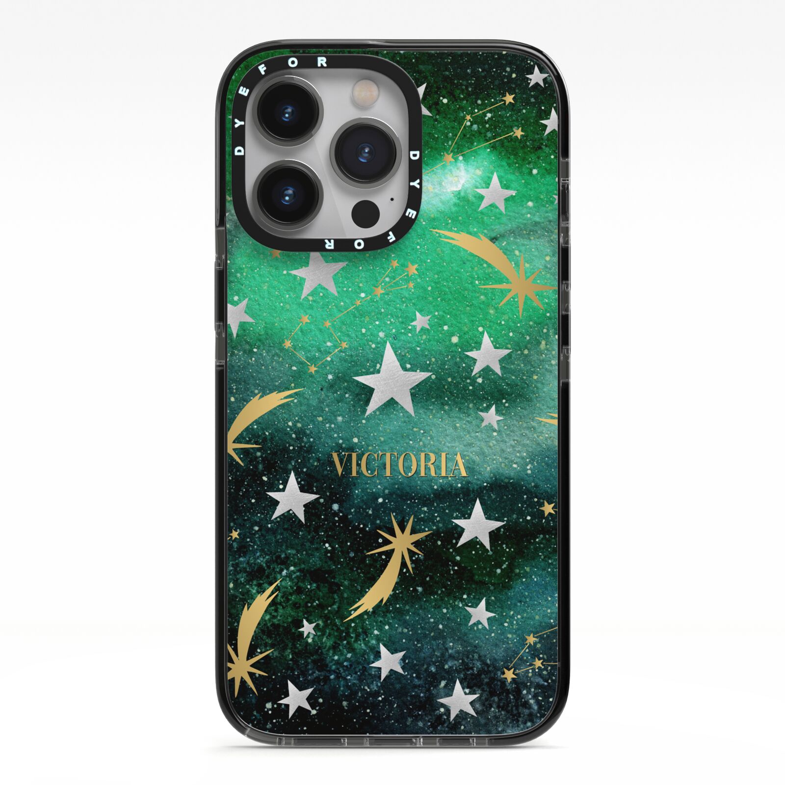 Personalised Green Cloud Stars iPhone 13 Pro Black Impact Case on Silver phone