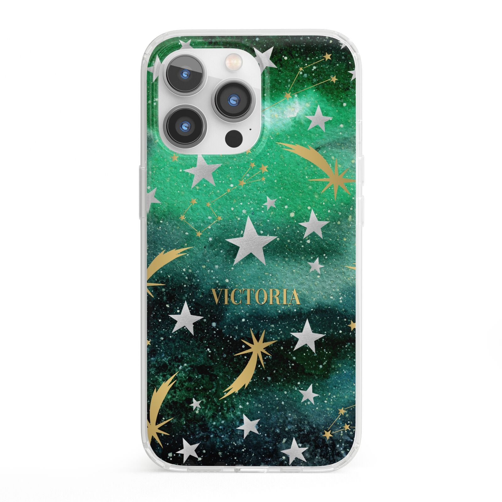 Personalised Green Cloud Stars iPhone 13 Pro Clear Bumper Case