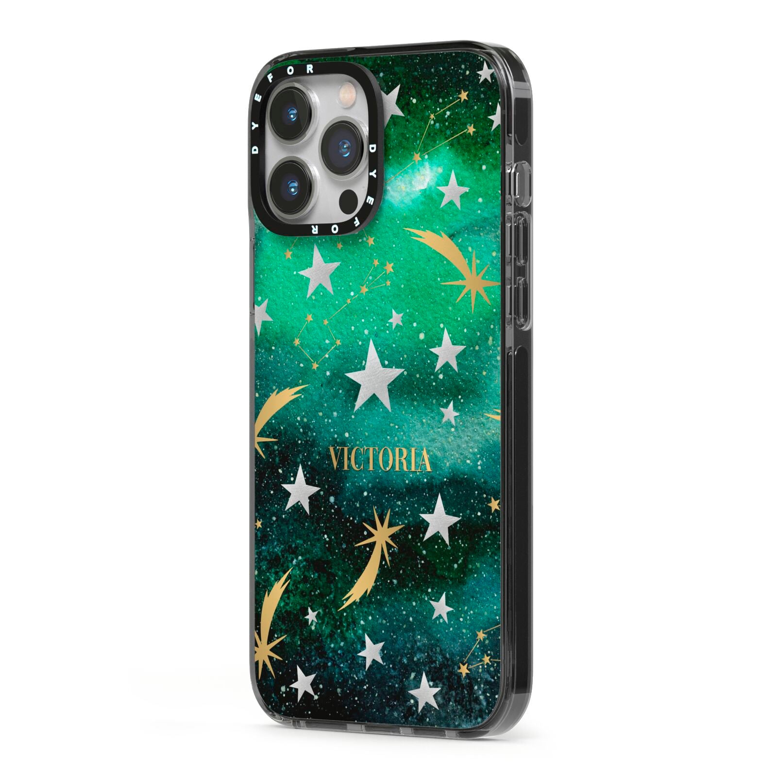 Personalised Green Cloud Stars iPhone 13 Pro Max Black Impact Case Side Angle on Silver phone