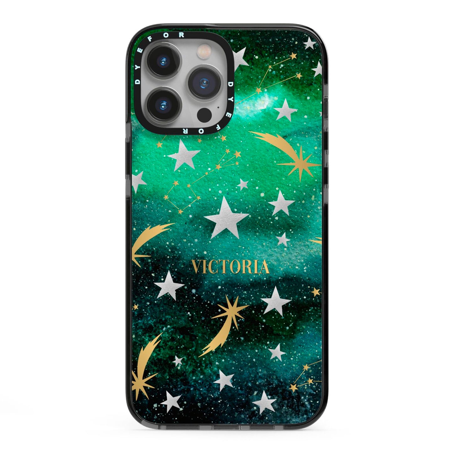 Personalised Green Cloud Stars iPhone 13 Pro Max Black Impact Case on Silver phone