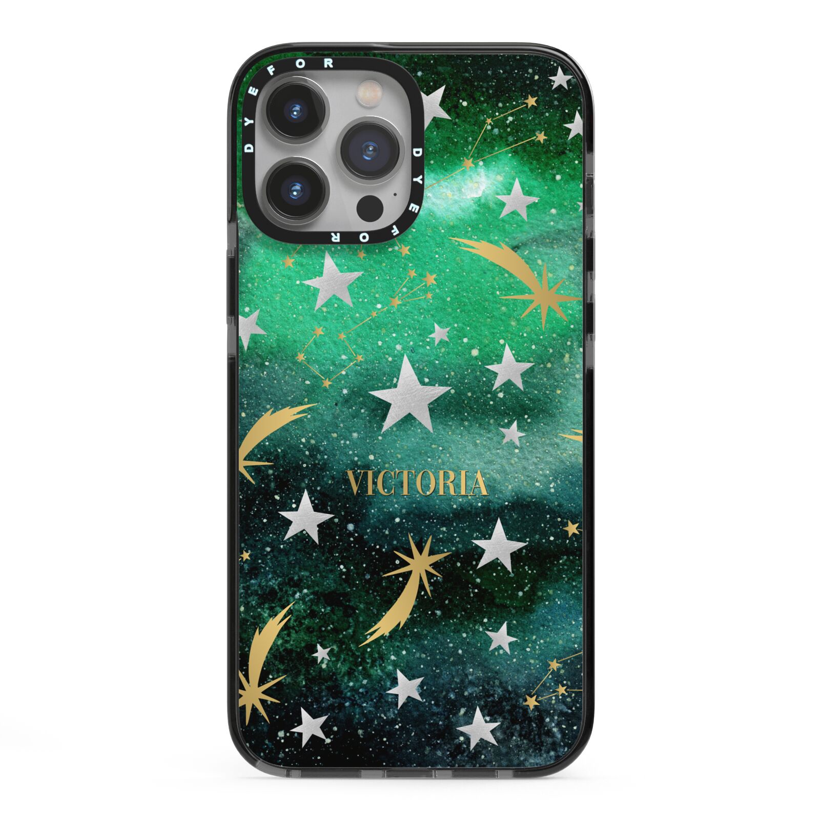 Personalised Green Cloud Stars iPhone 13 Pro Max Black Impact Case on Silver phone