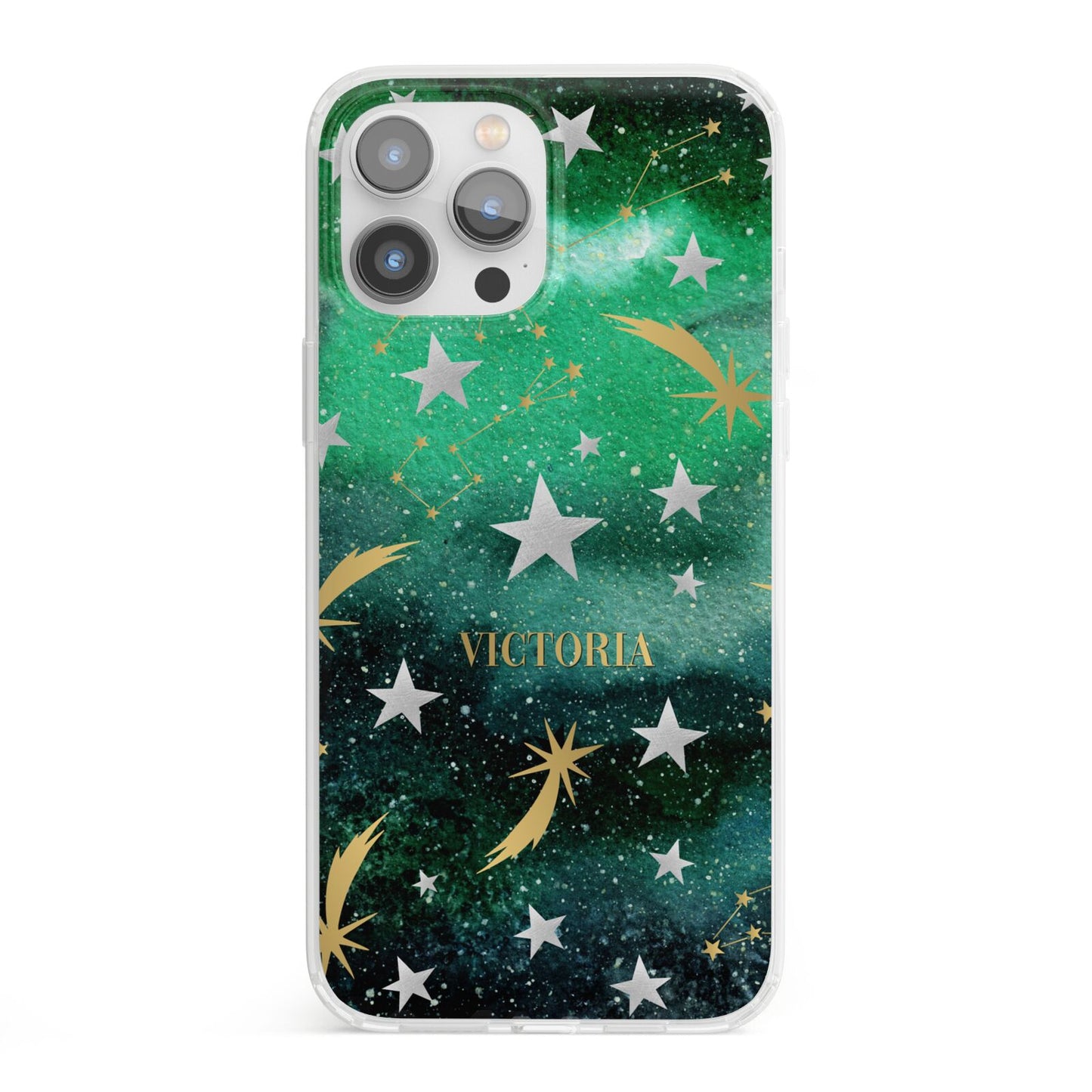 Personalised Green Cloud Stars iPhone 13 Pro Max Clear Bumper Case