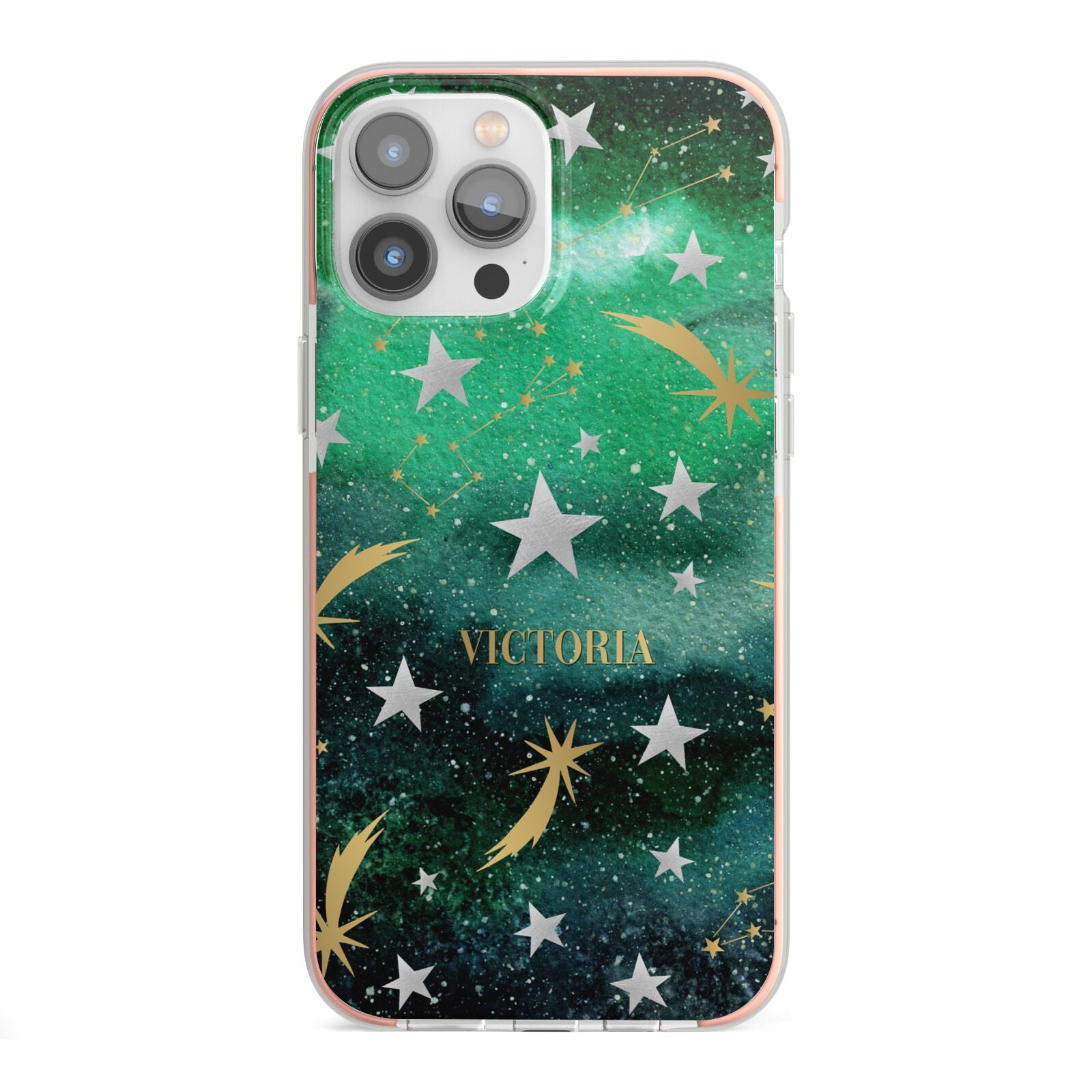 Personalised Green Cloud Stars iPhone 13 Pro Max TPU Impact Case with Pink Edges
