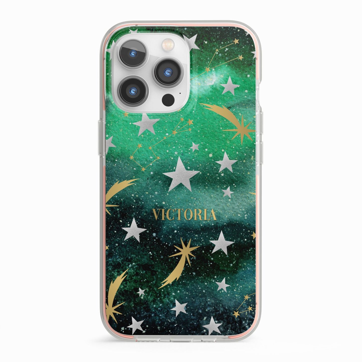 Personalised Green Cloud Stars iPhone 13 Pro TPU Impact Case with Pink Edges