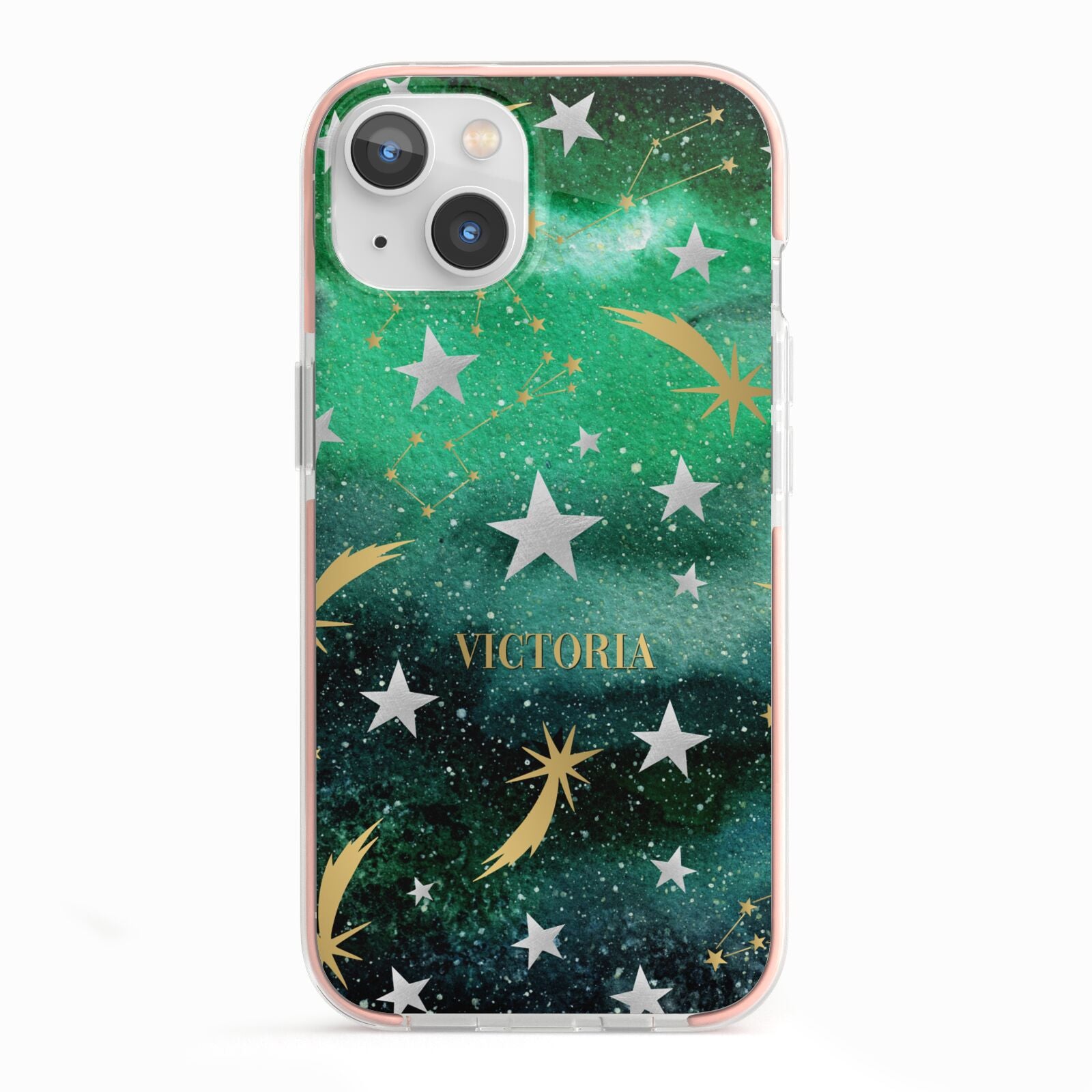 Personalised Green Cloud Stars iPhone 13 TPU Impact Case with Pink Edges