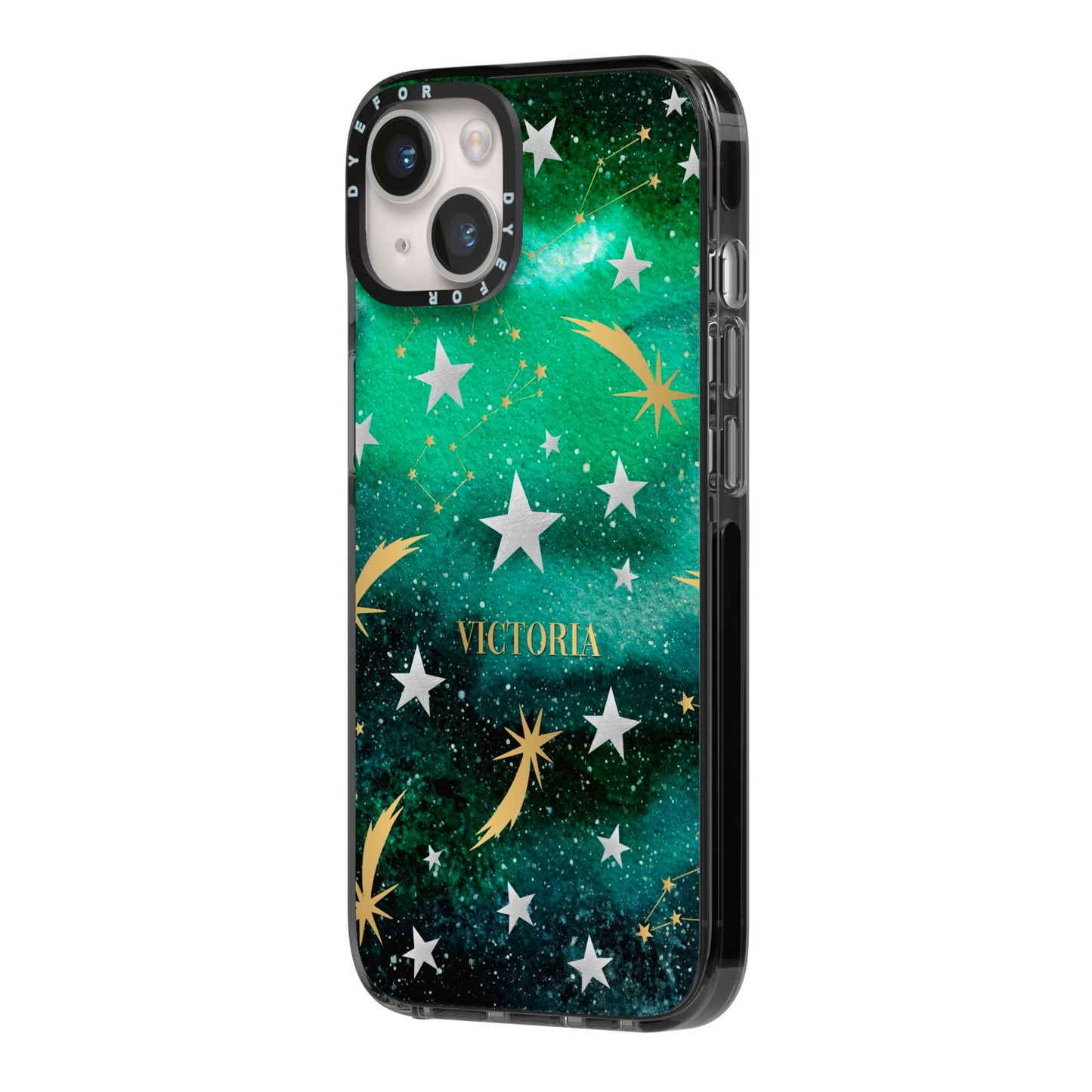 Personalised Green Cloud Stars iPhone 14 Black Impact Case Side Angle on Silver phone