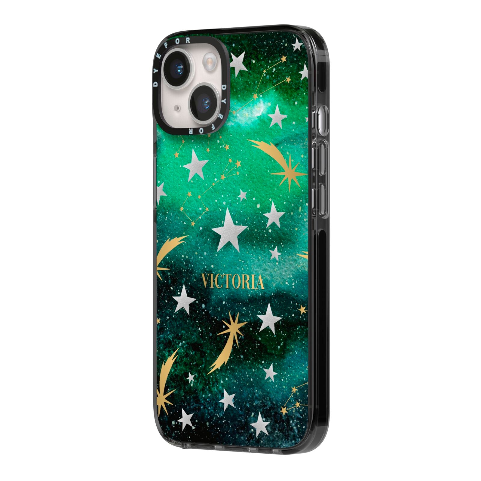 Personalised Green Cloud Stars iPhone 14 Black Impact Case Side Angle on Silver phone