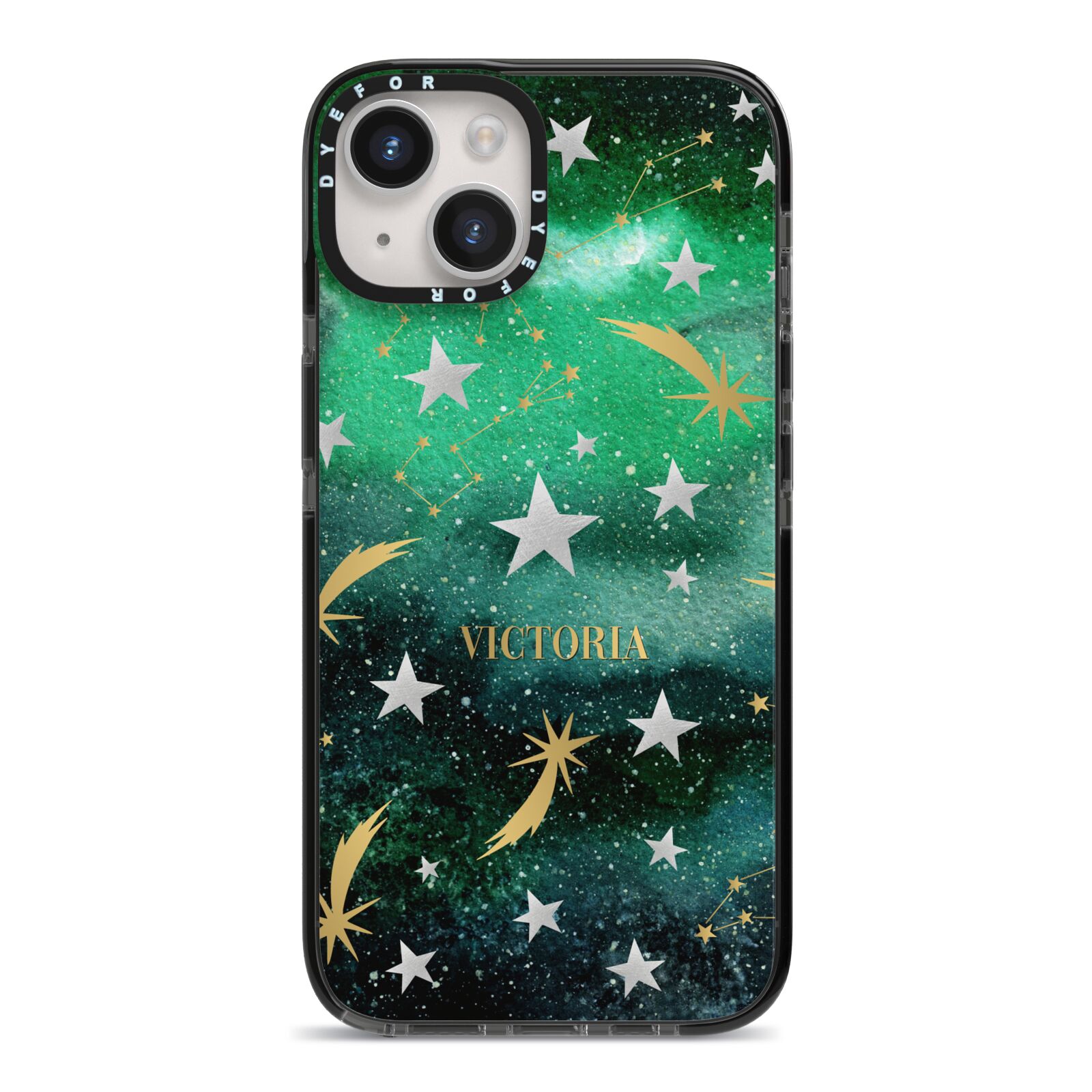 Personalised Green Cloud Stars iPhone 14 Black Impact Case on Silver phone